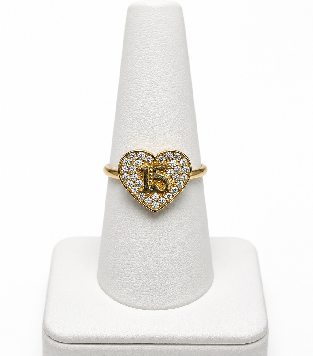 14k Solid Gold Ring 15 Birthday Heart