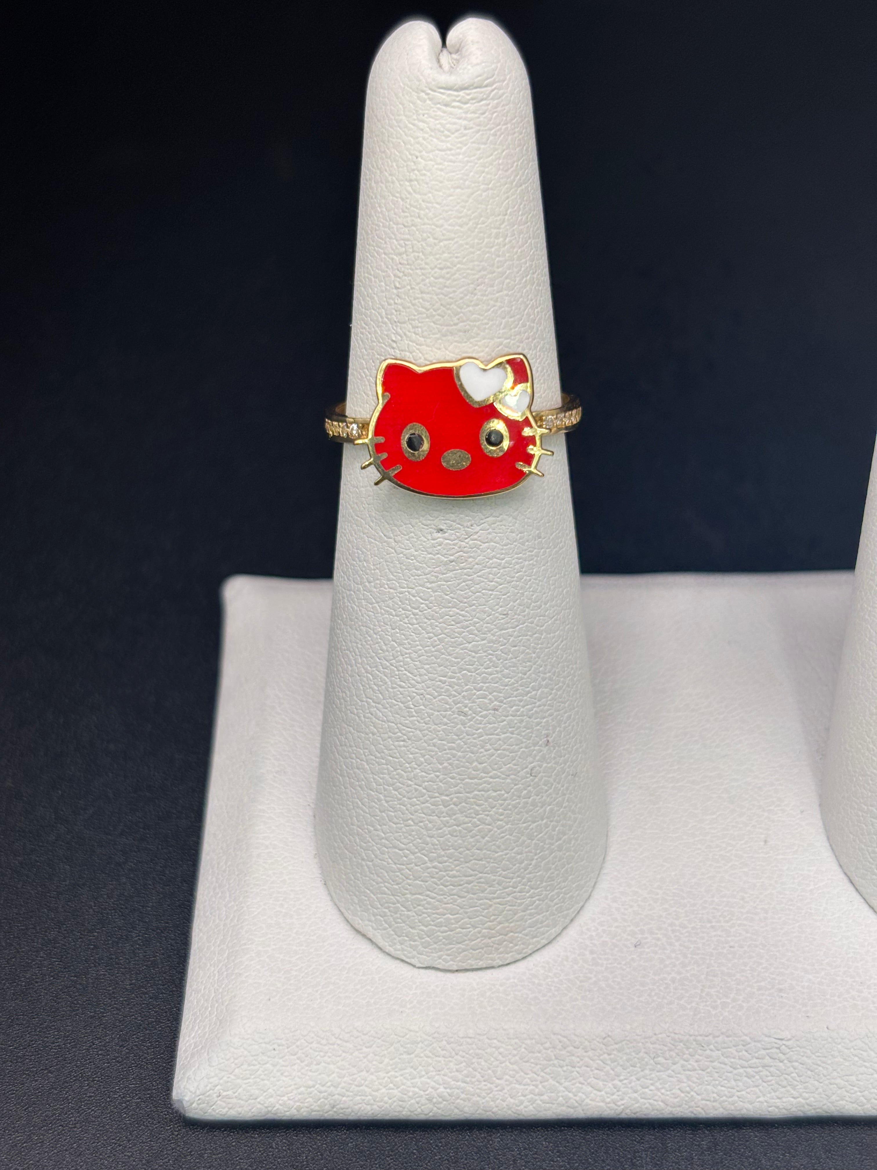 14k Solid Fine Italian Gold Ring Hello Kitty Red