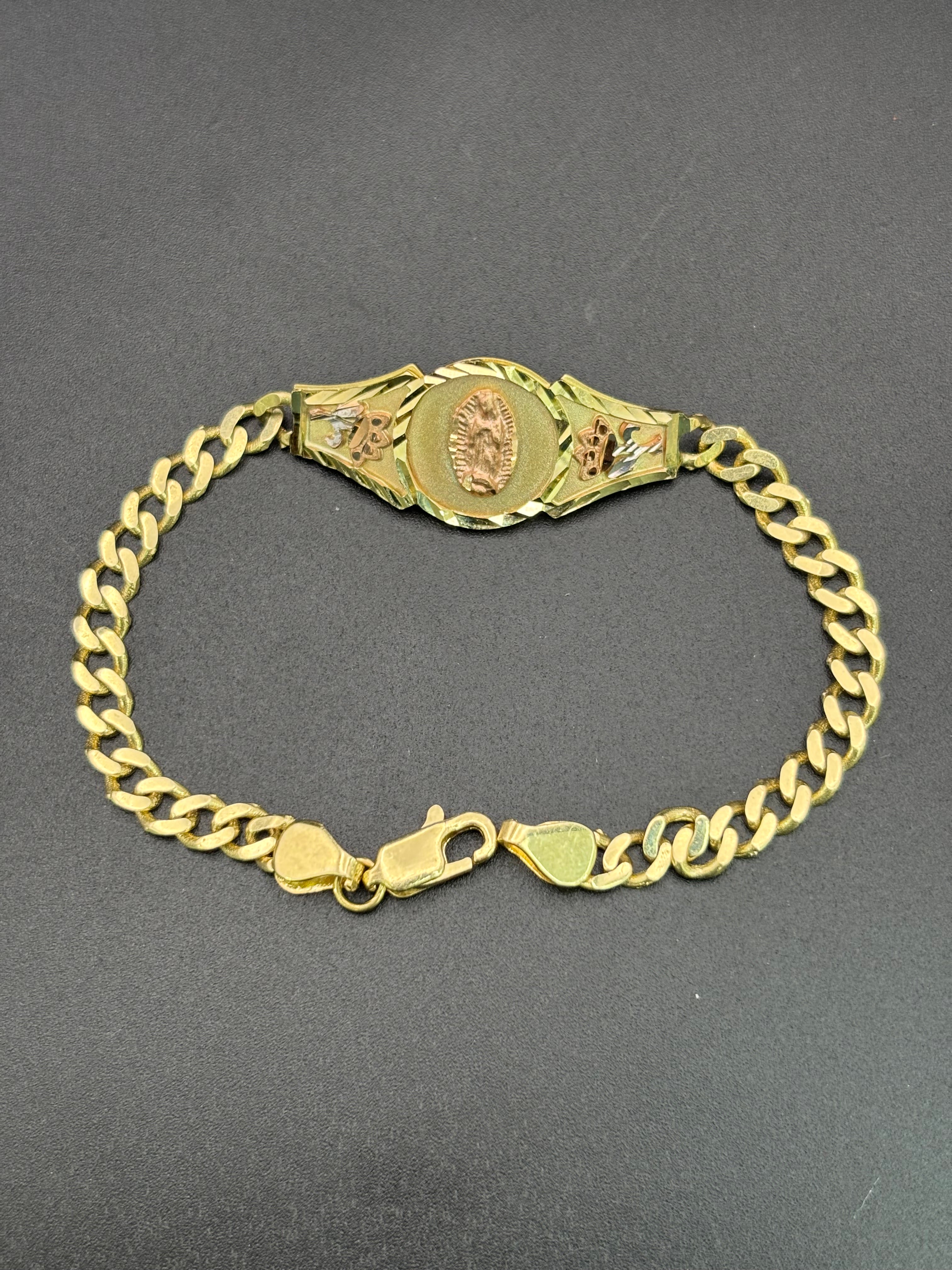 14k Solid Gold Cuban Link Bracelet Rose Virgin Mary