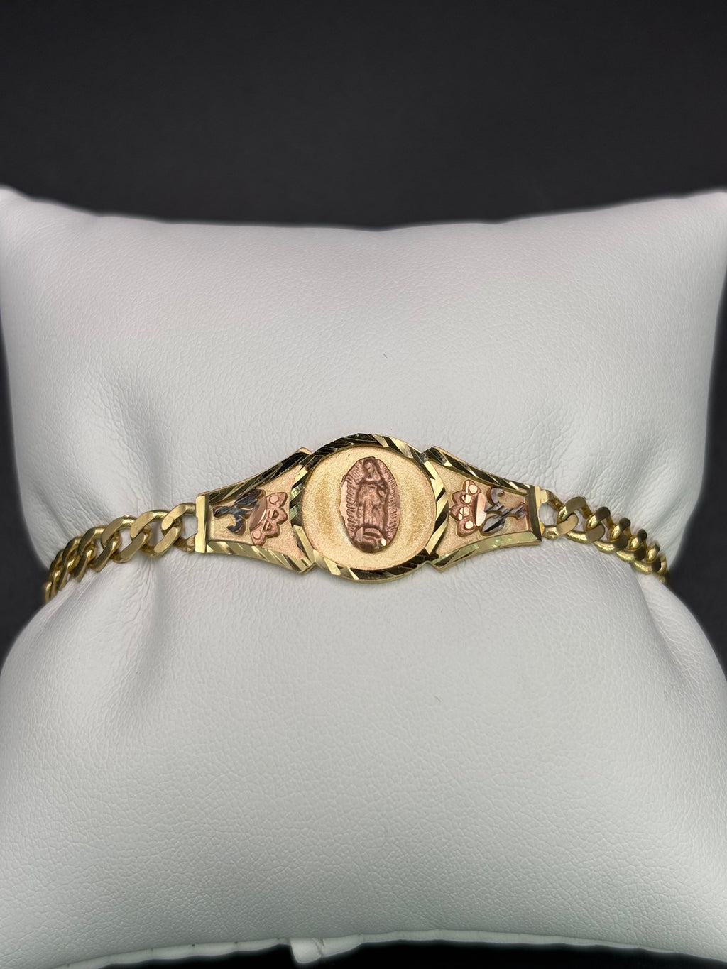 14k Solid Gold Cuban Link Bracelet Rose Virgin Mary