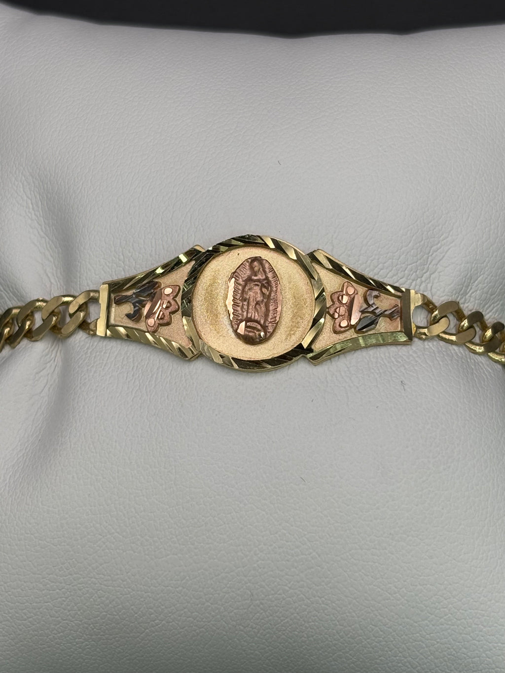 14k Solid Gold Cuban Link Bracelet Rose Virgin Mary