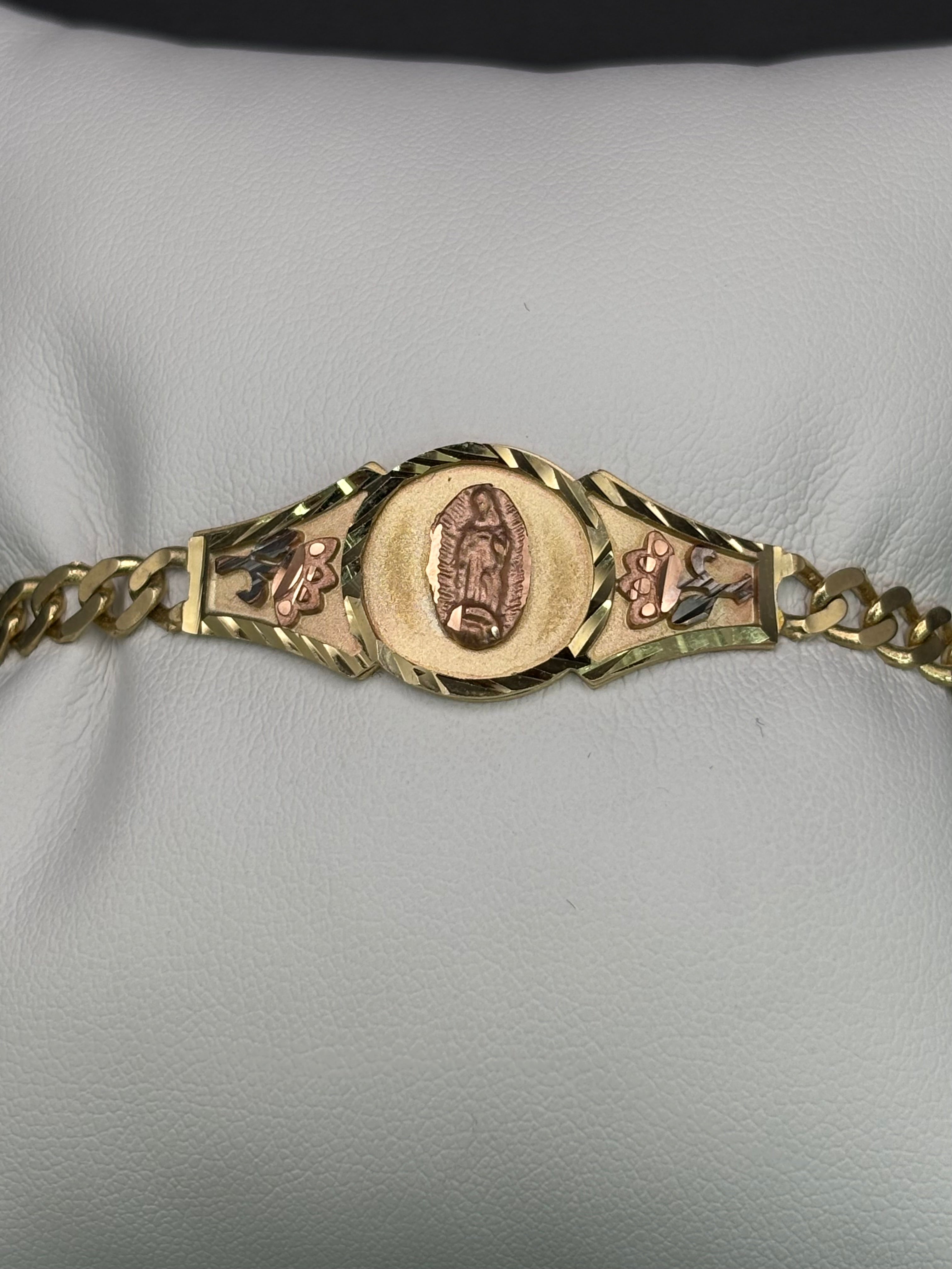 14k Solid Gold Cuban Link Bracelet Rose Virgin Mary