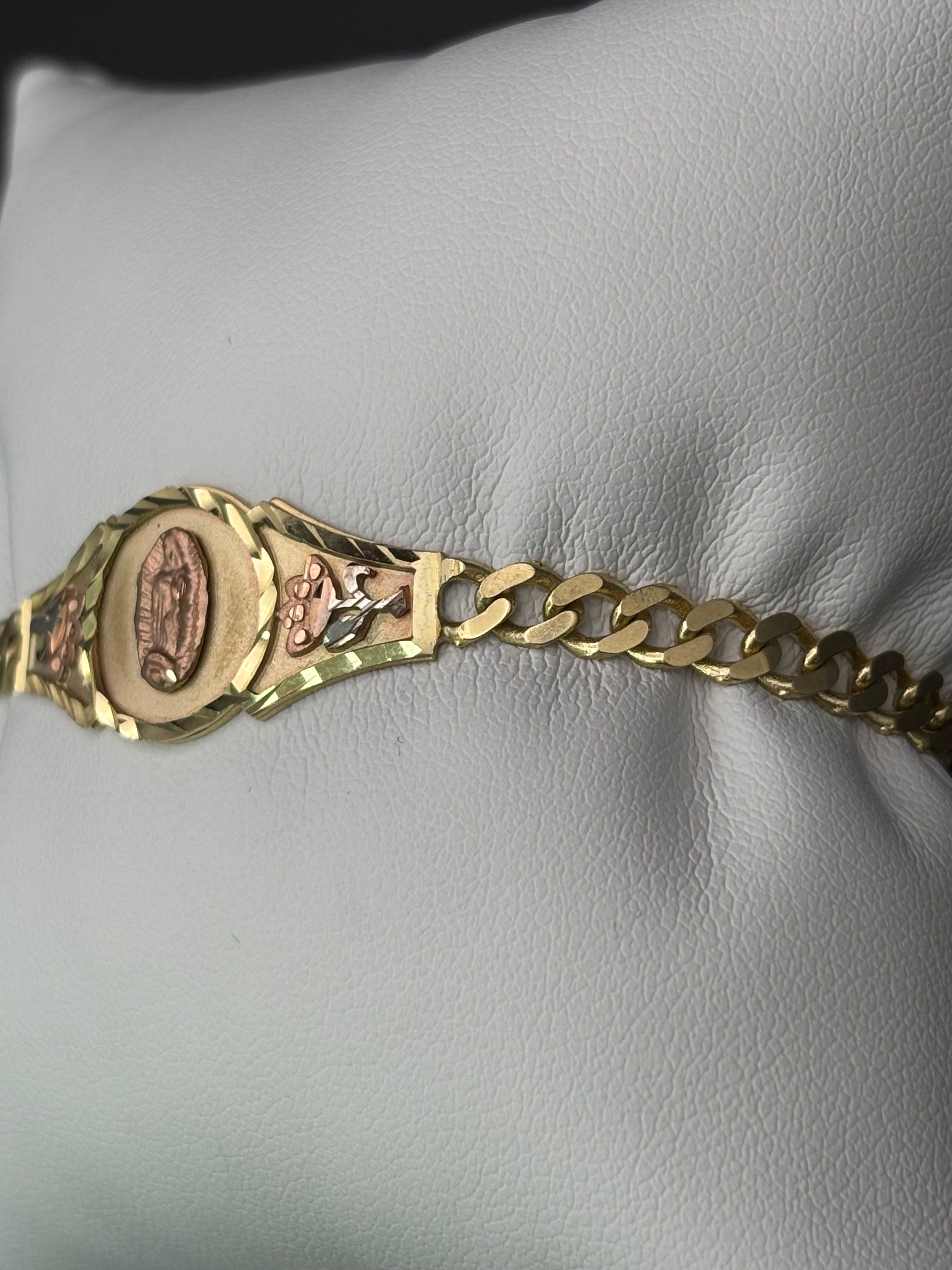 14k Solid Gold Cuban Link Bracelet Rose Virgin Mary