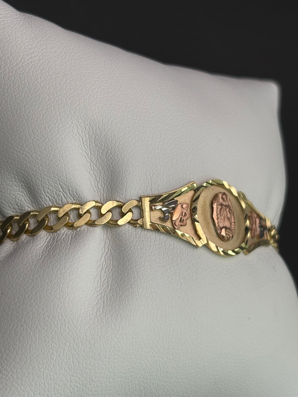 14k Solid Gold Cuban Link Bracelet Rose Virgin Mary
