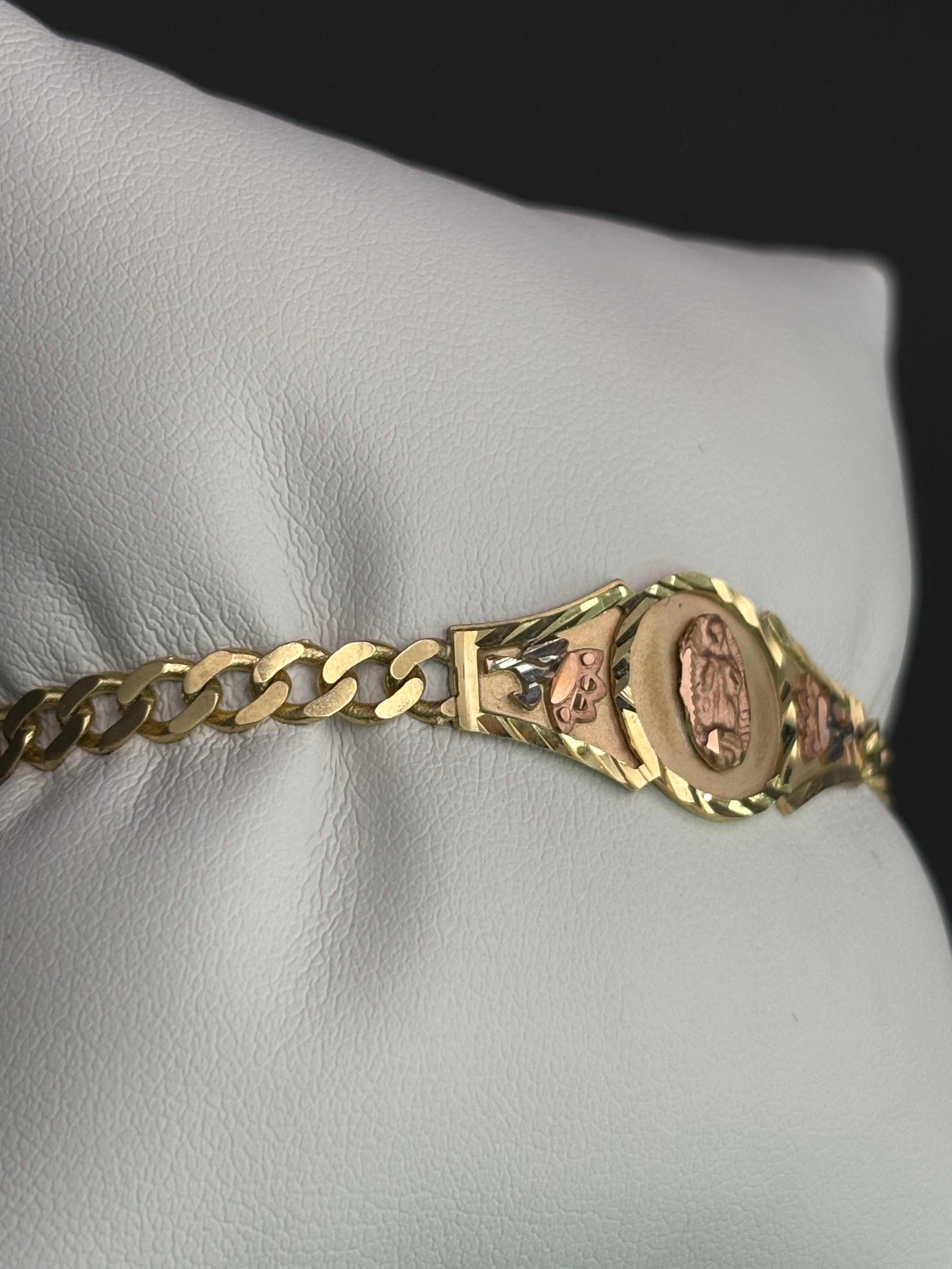 14k Solid Gold Cuban Link Bracelet Rose Virgin Mary