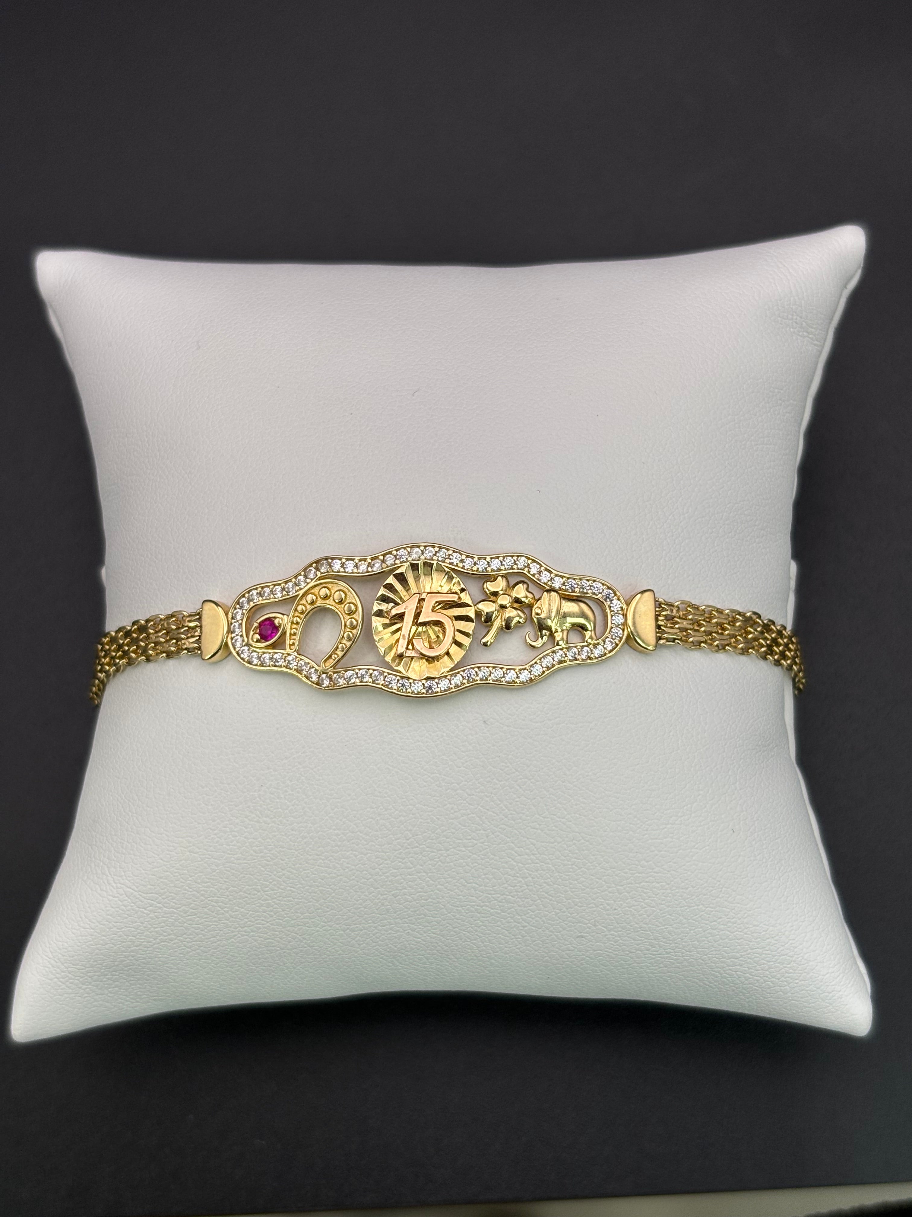 14k Solid Gold Bracelet Link 15 birthday Good Luck