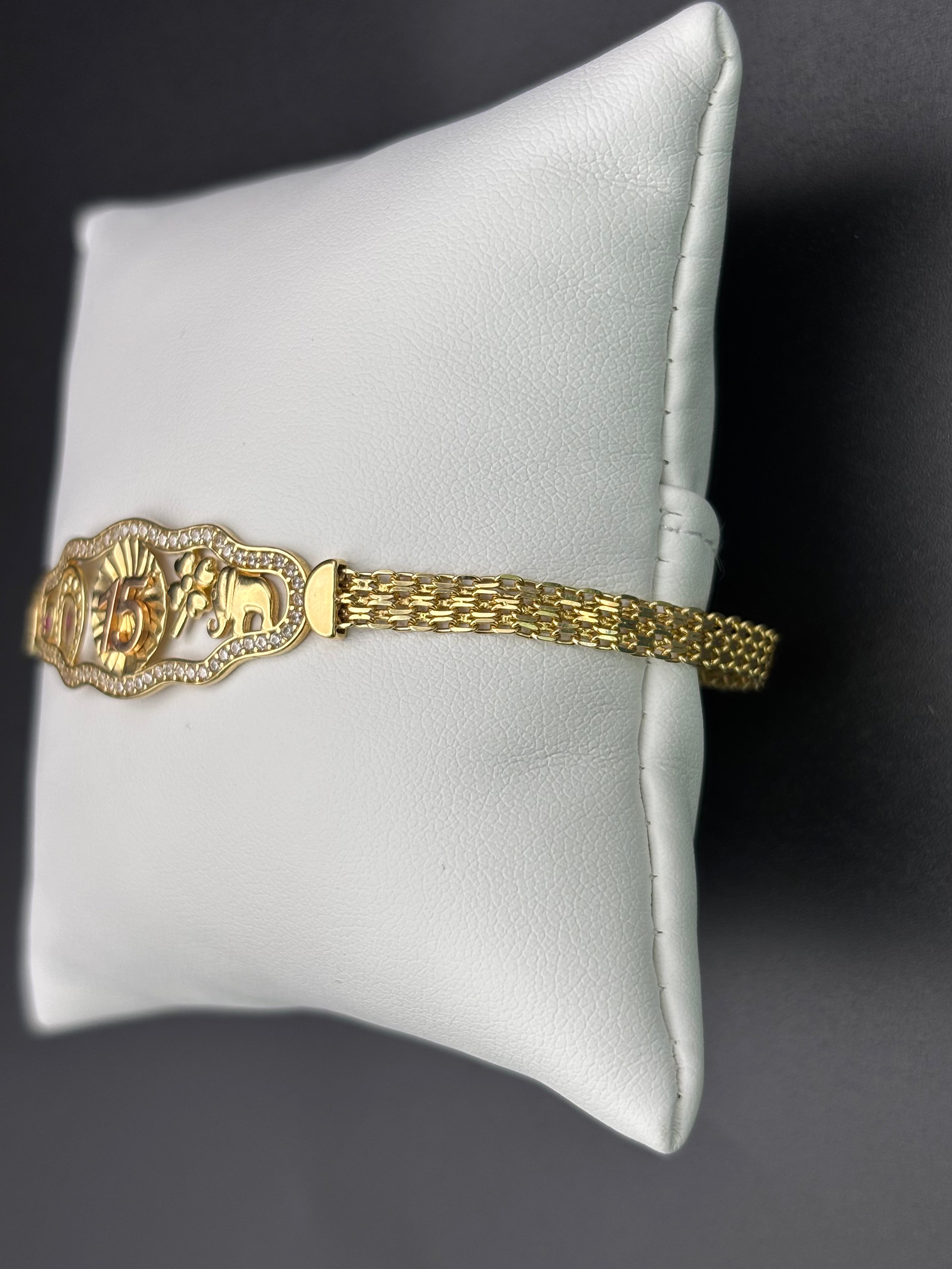 14k Solid Gold Bracelet Link 15 birthday Good Luck
