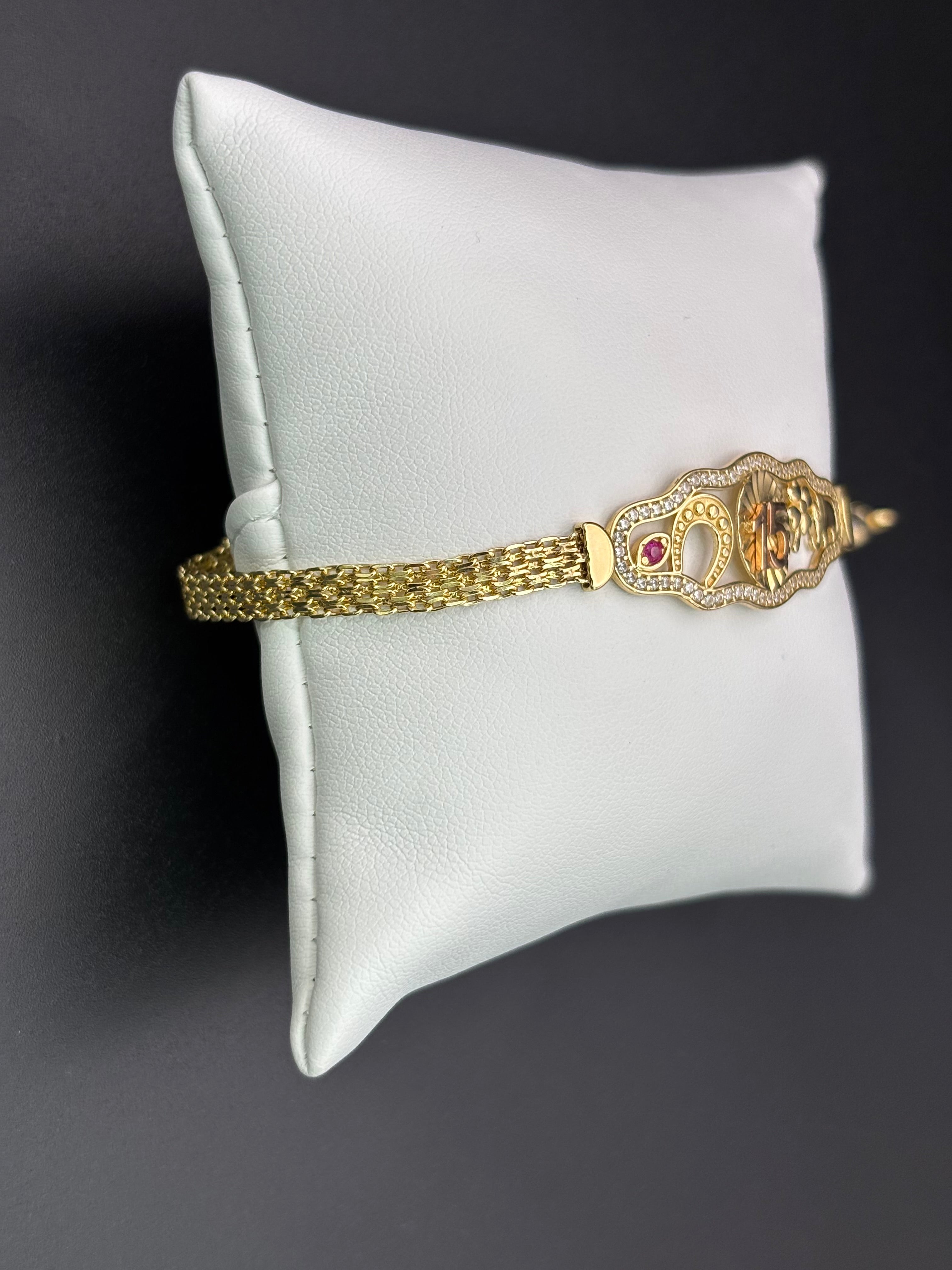 14k Solid Gold Bracelet Link 15 birthday Good Luck