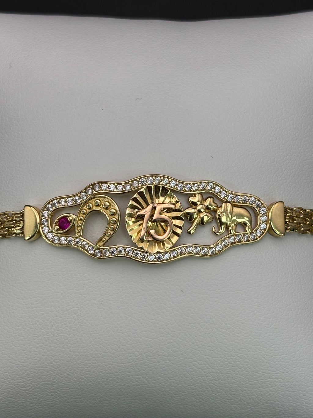 14k Solid Gold Bracelet Link 15 birthday Good Luck