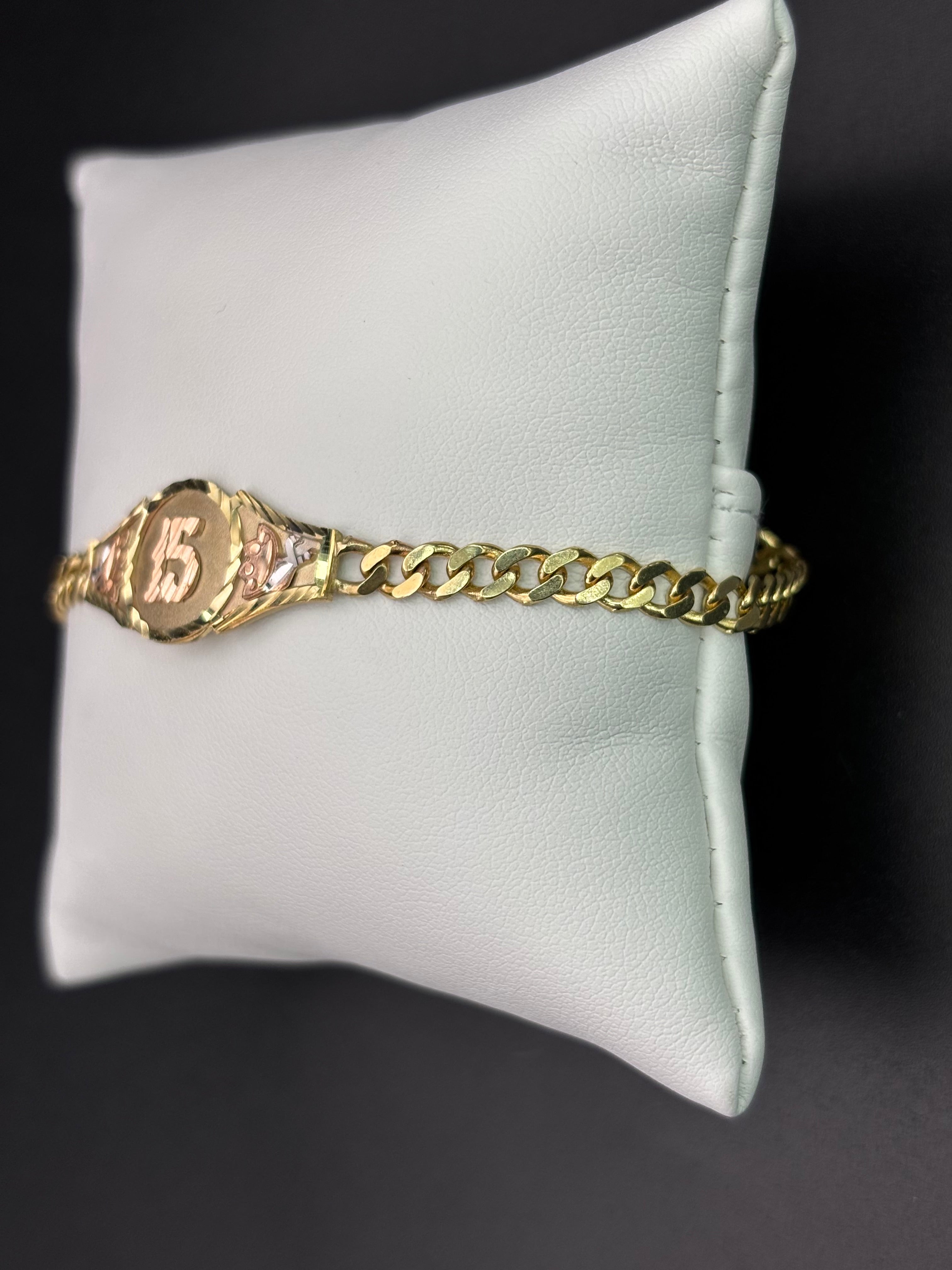 14k Solid Gold Bracelet Link 15 Birthday Rose