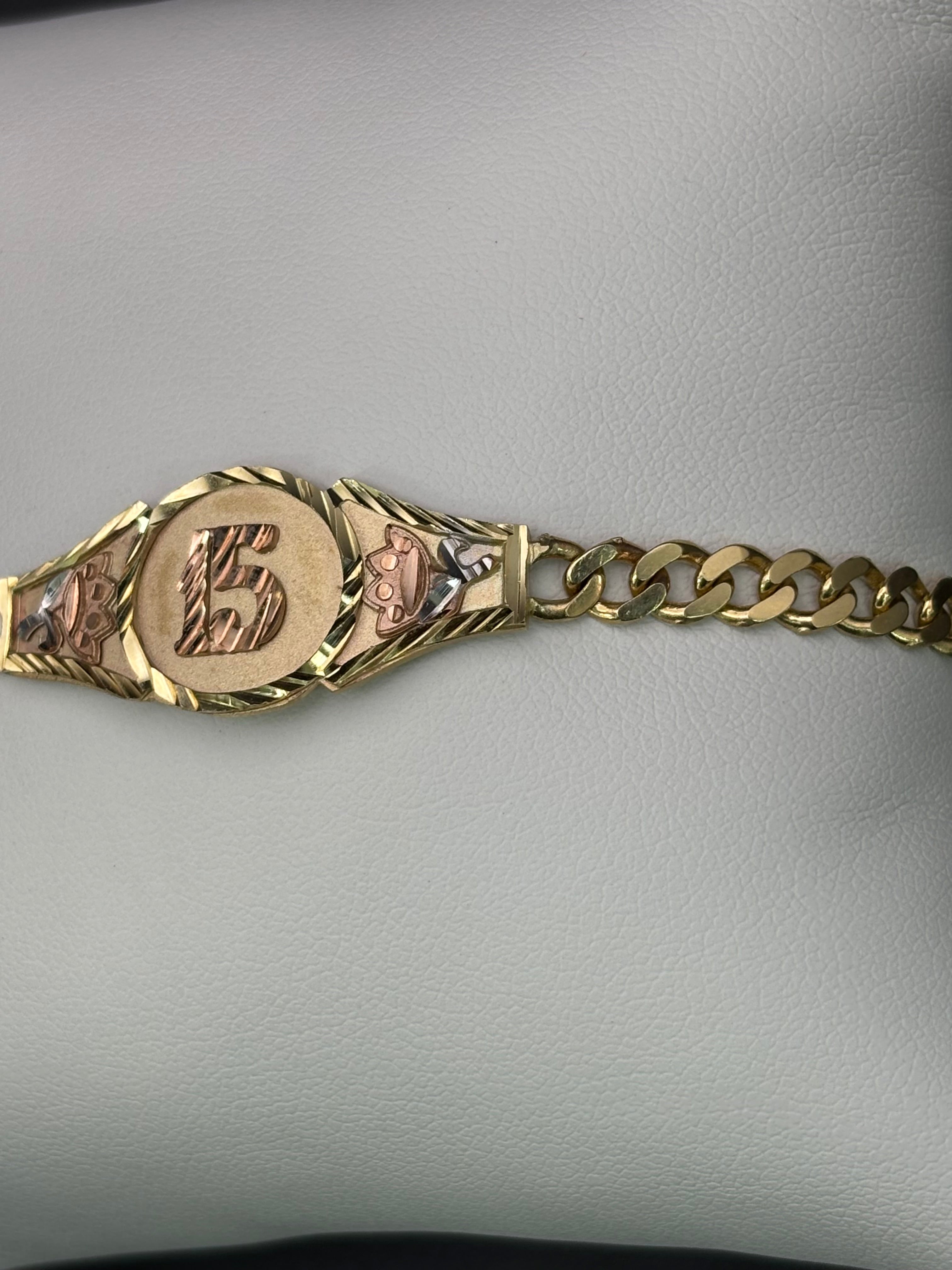 14k Solid Gold Bracelet Link 15 Birthday Rose