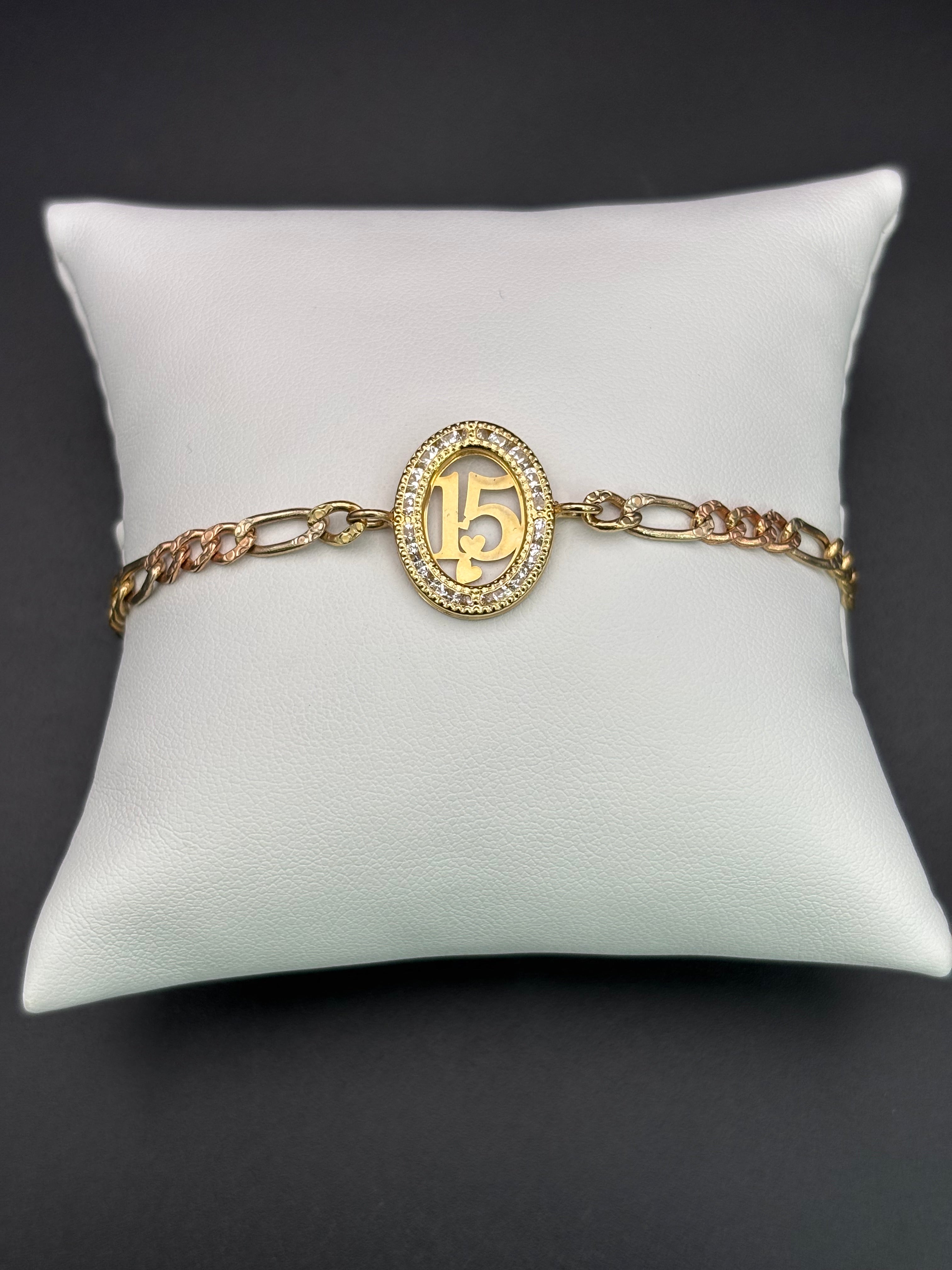 14k Solid Gold Bracelet Link 15 Birthday Hearts