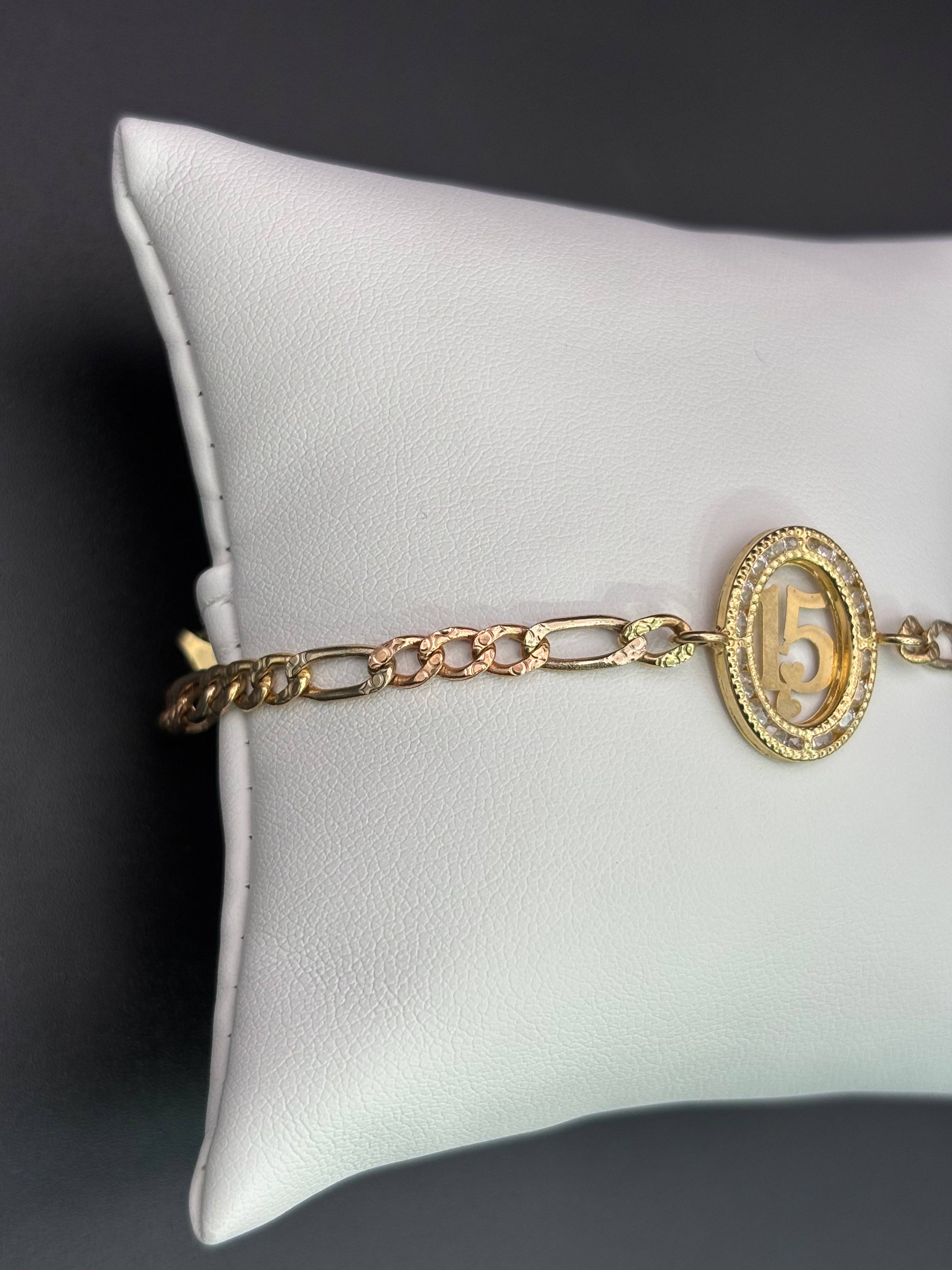 14k Solid Gold Bracelet Link 15 Birthday Hearts
