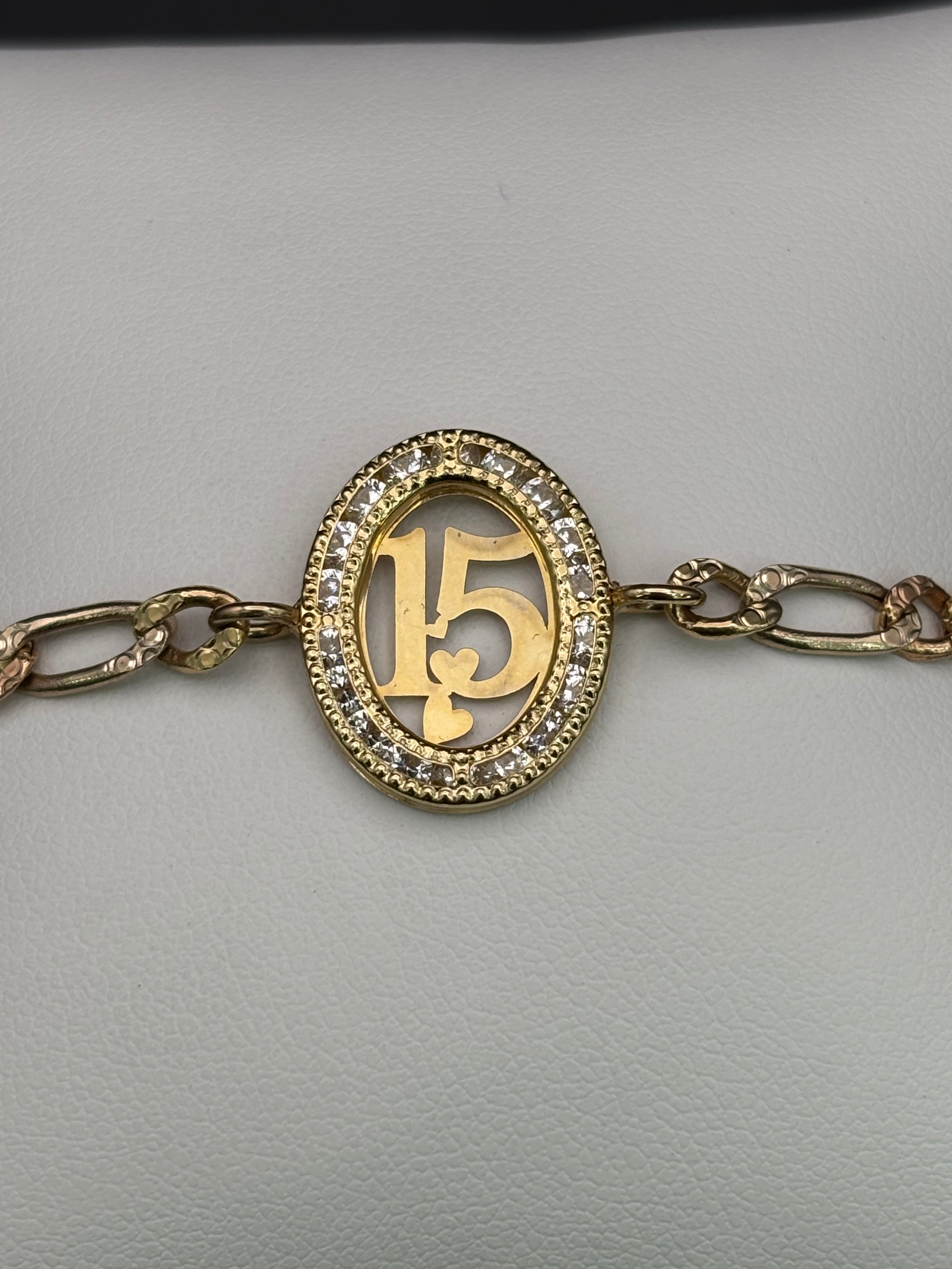14k Solid Gold Bracelet Link 15 Birthday Hearts