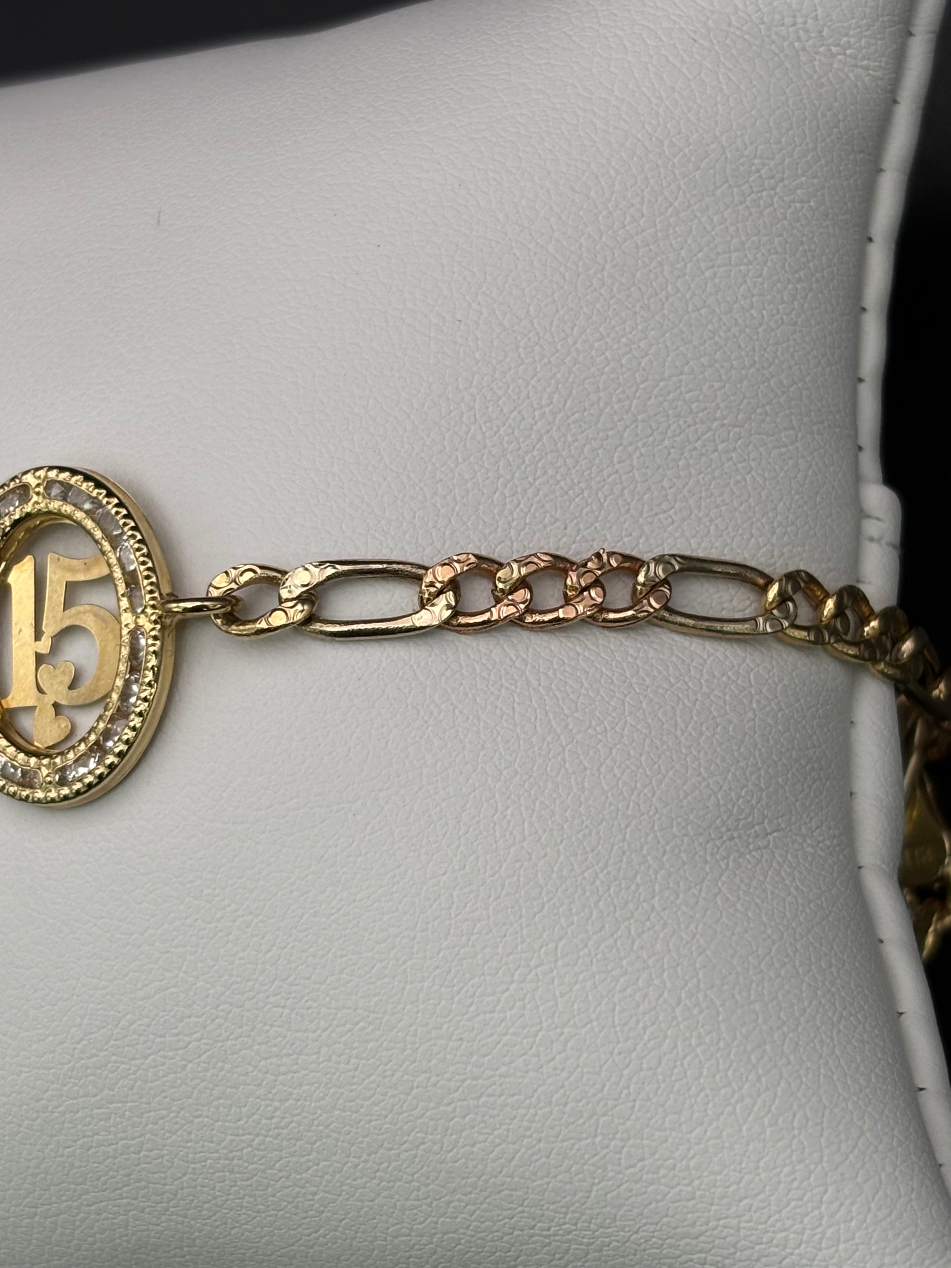 14k Solid Gold Bracelet Link 15 Birthday Hearts