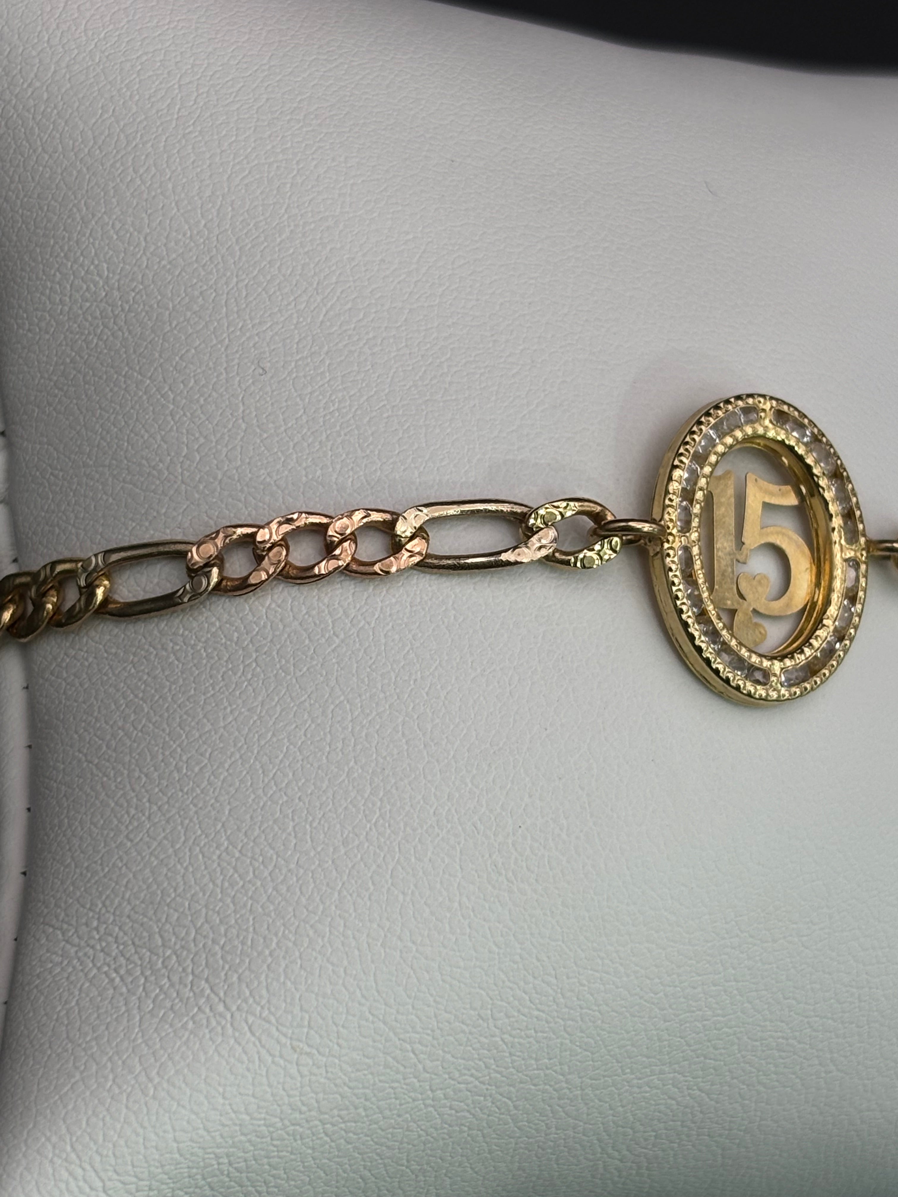 14k Solid Gold Bracelet Link 15 Birthday Hearts