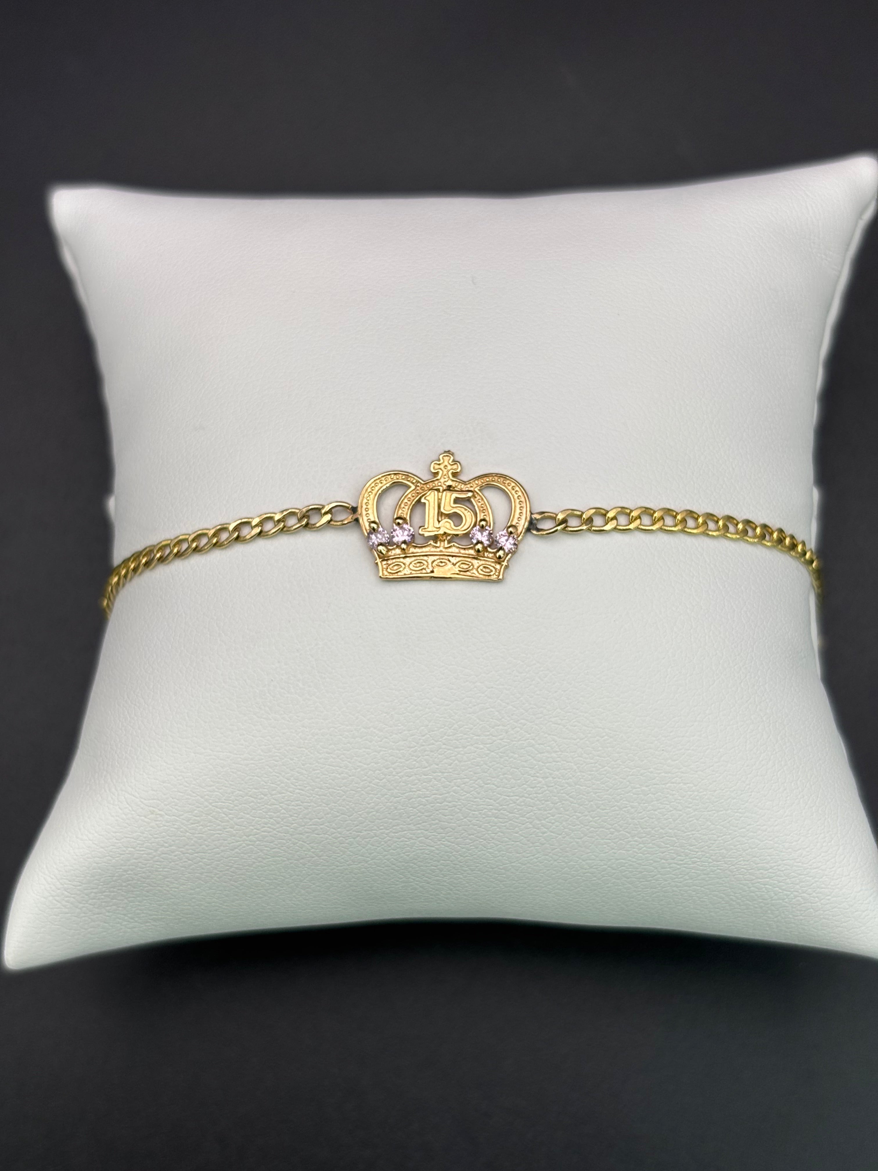 14k Solid Gold Bracelet Link 15 Birthday Crown