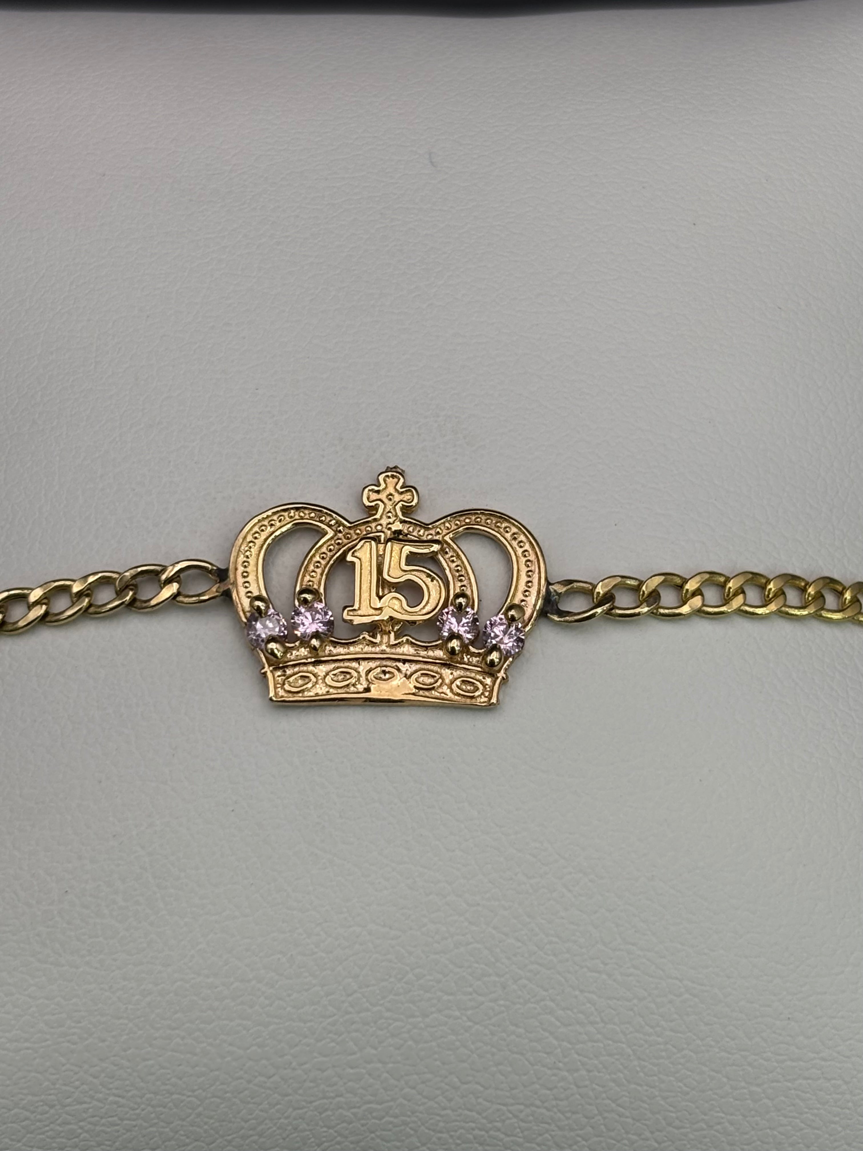 14k Solid Gold Bracelet Link 15 Birthday Crown