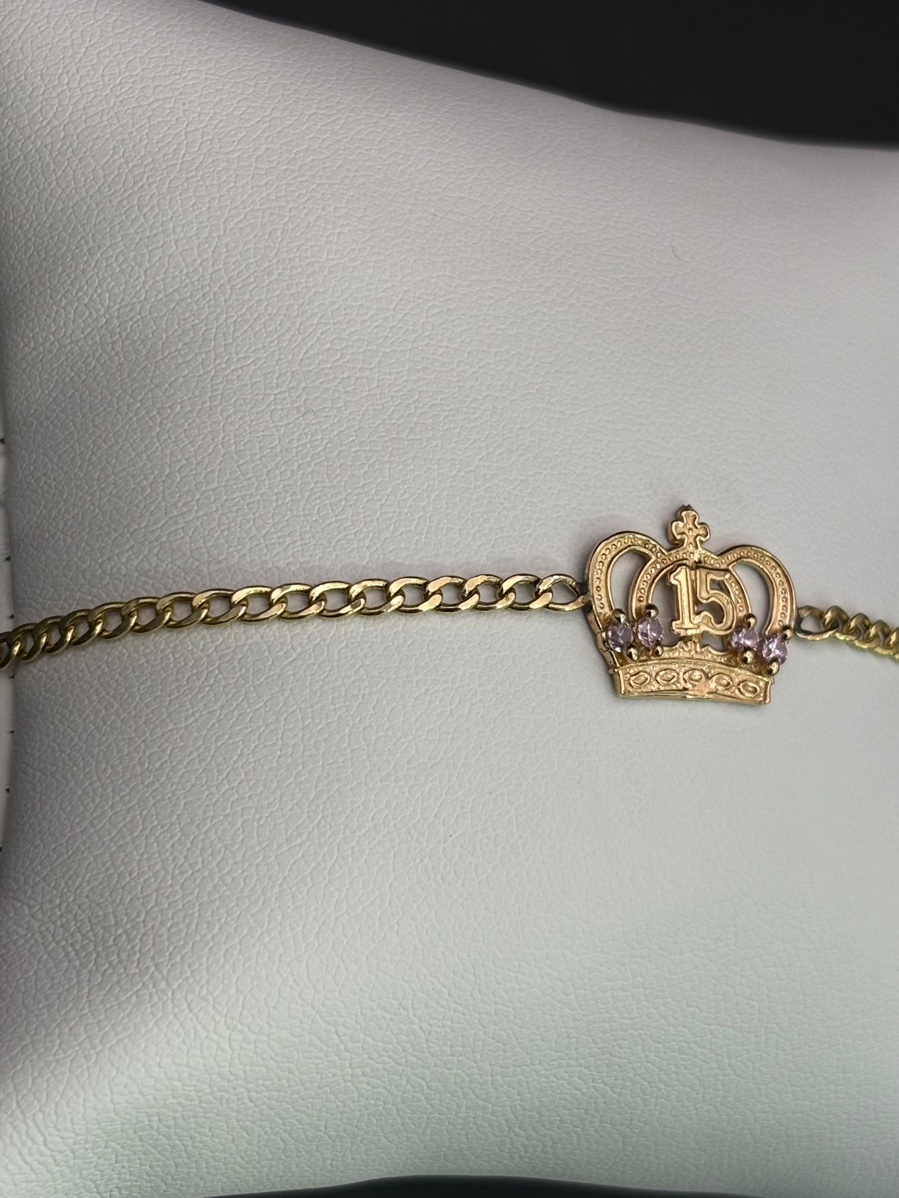 14k Solid Gold Bracelet Link 15 Birthday Crown