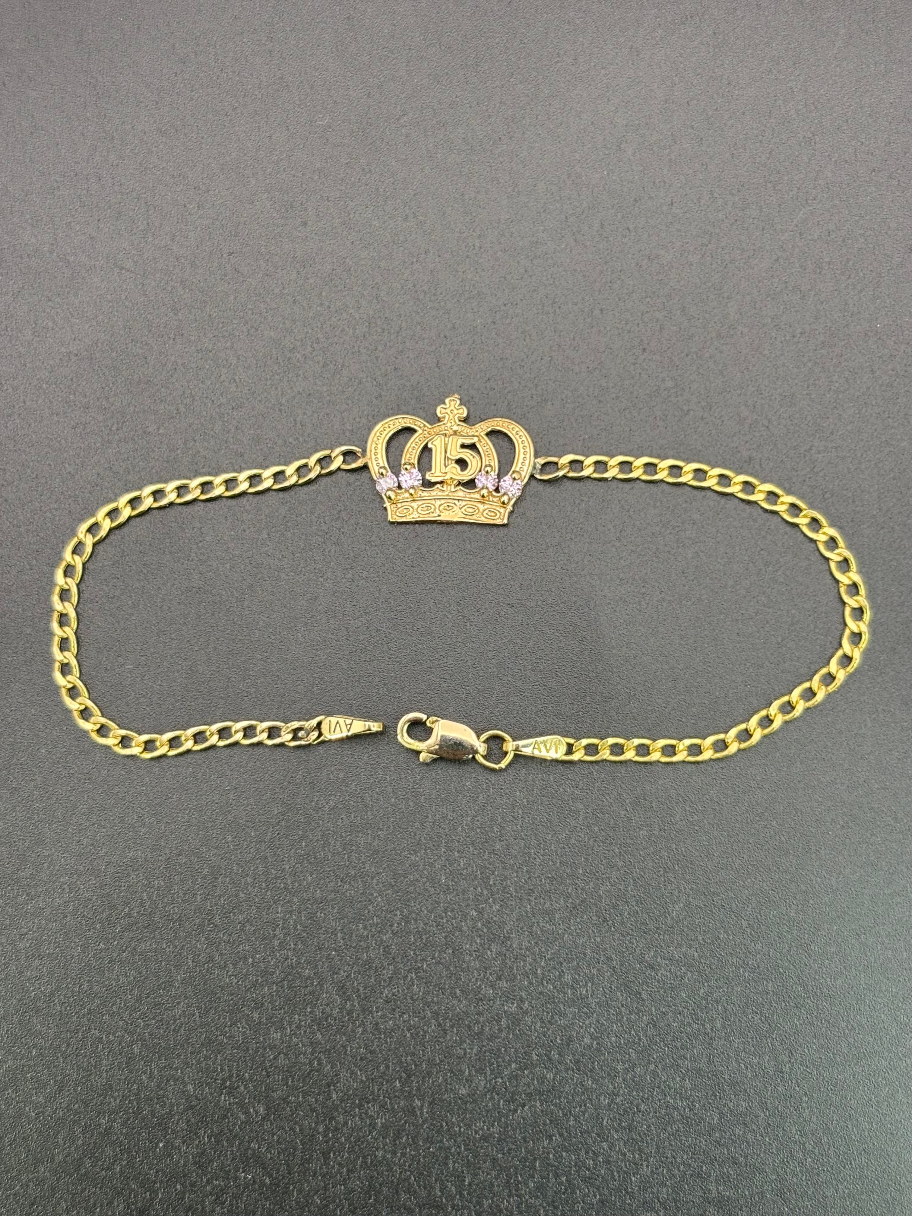 14k Solid Gold Bracelet Link 15 Birthday Crown