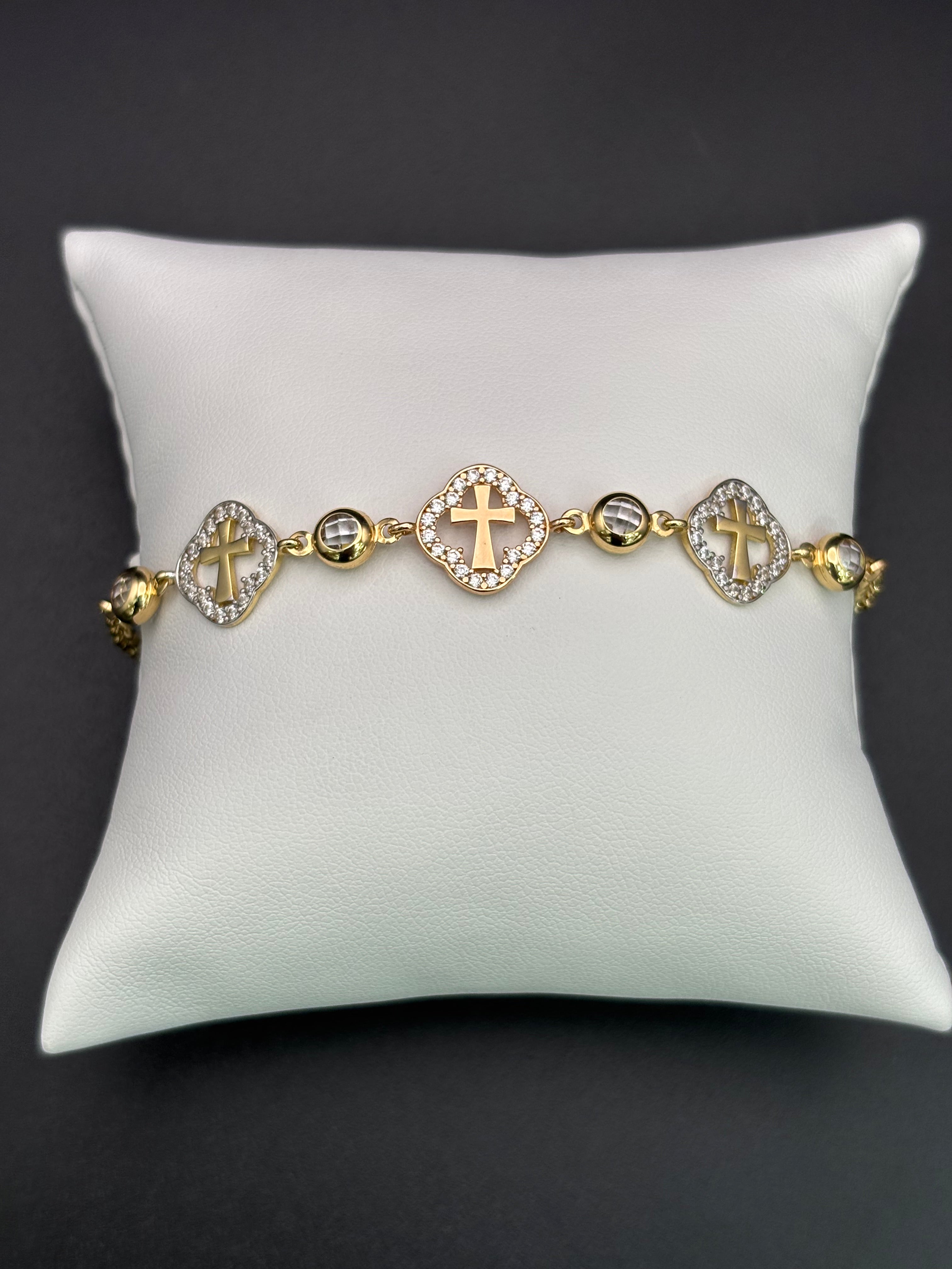 14k Solid Gold Bracelet Link 3 Cross