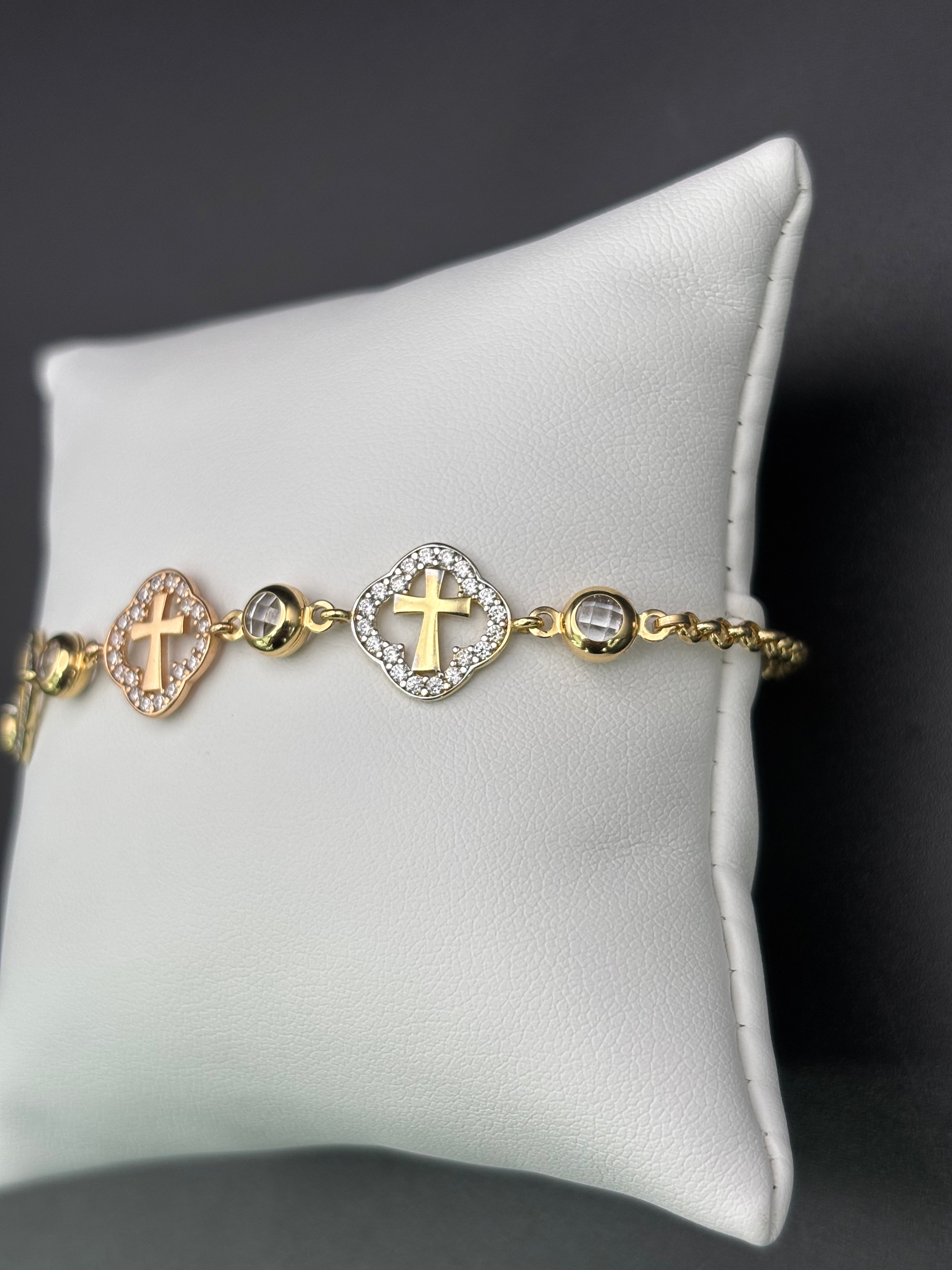 14k Solid Gold Bracelet Link 3 Cross
