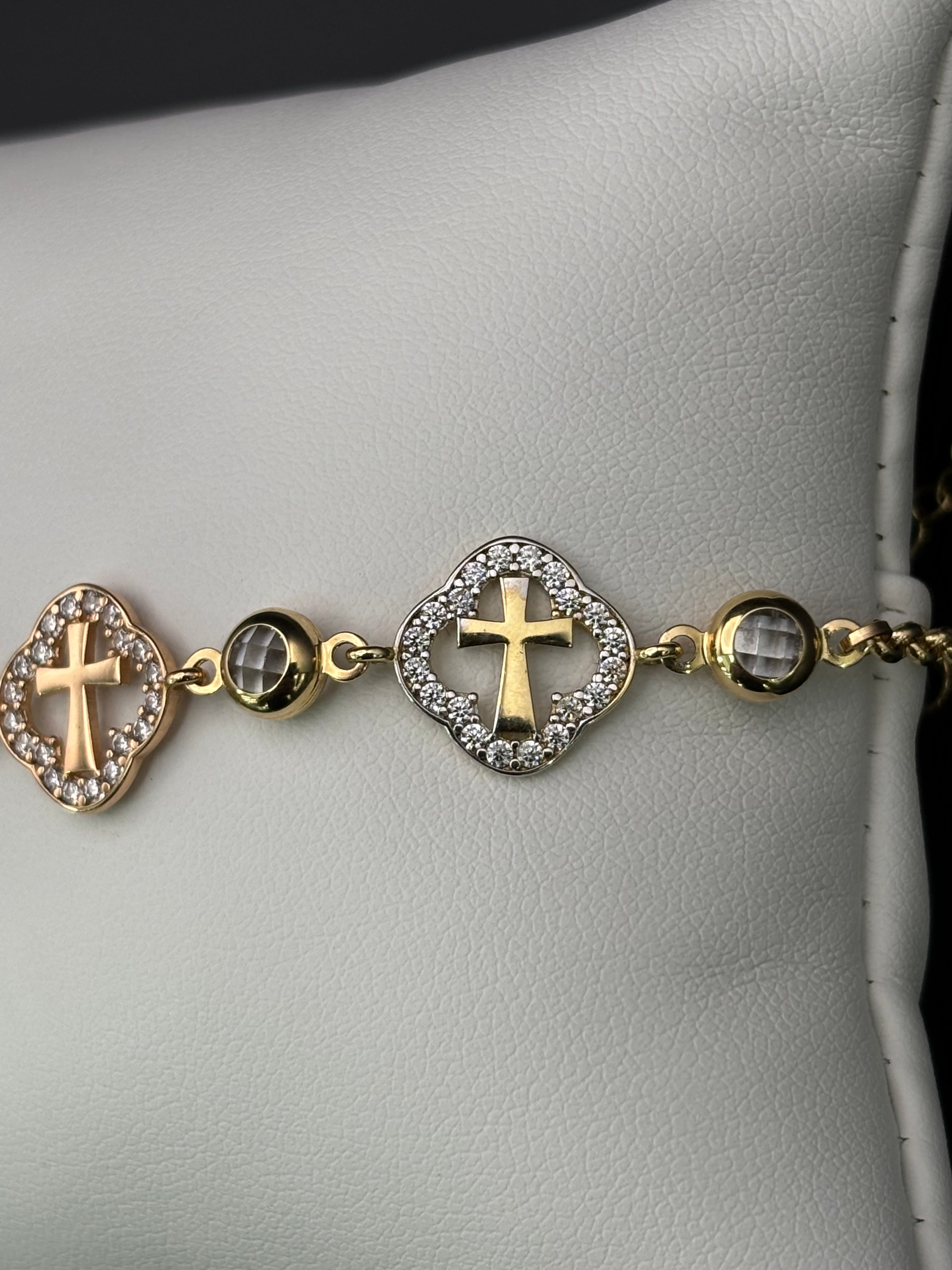 14k Solid Gold Bracelet Link 3 Cross