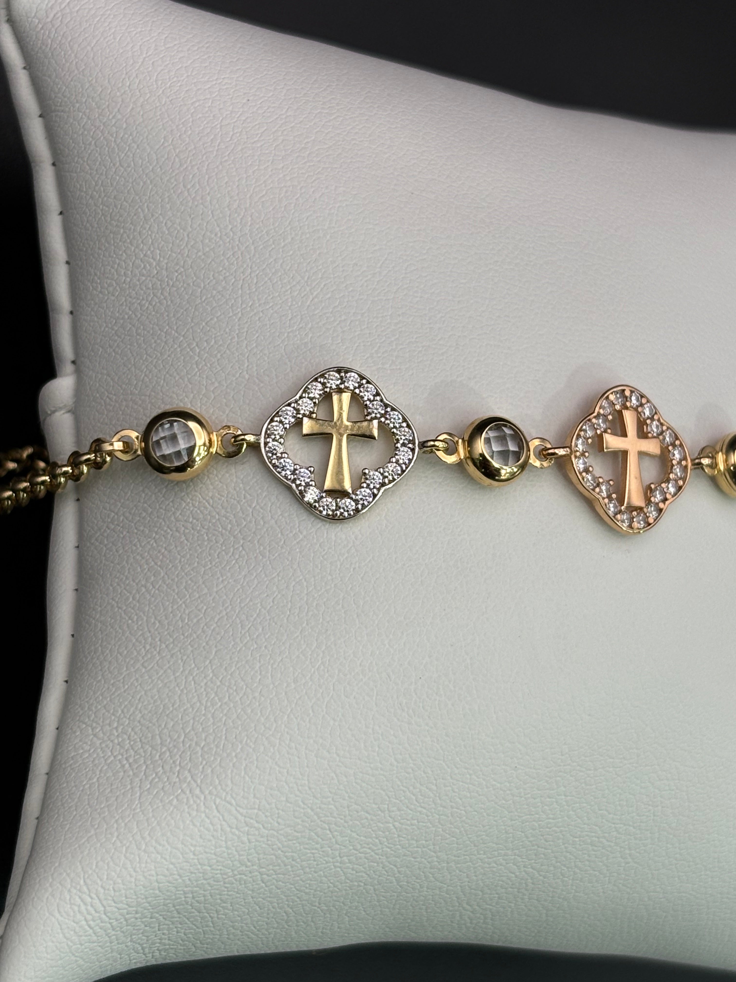 14k Solid Gold Bracelet Link 3 Cross