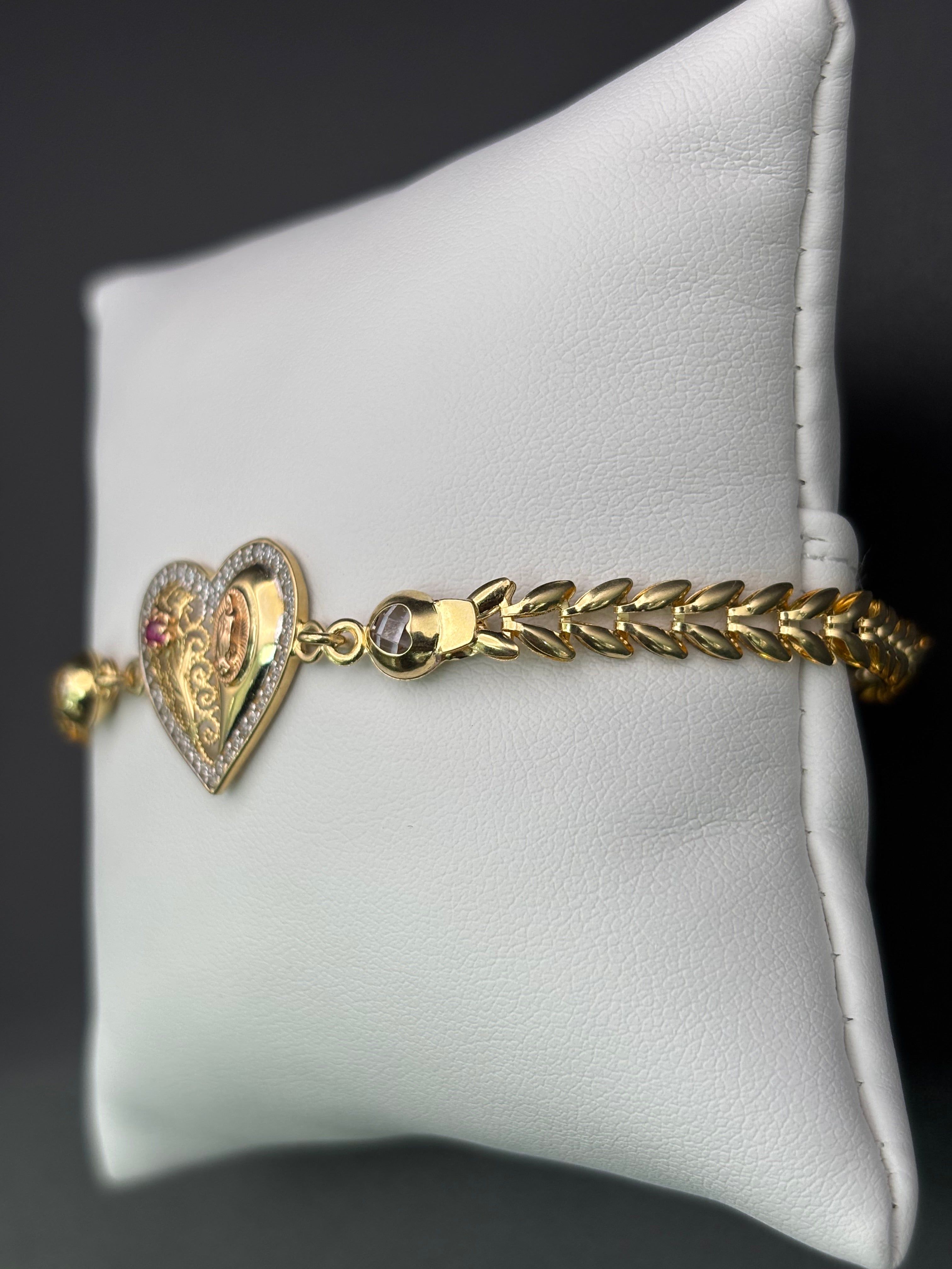 14k Solid Gold Bracelet Link Virgin Flower Heart