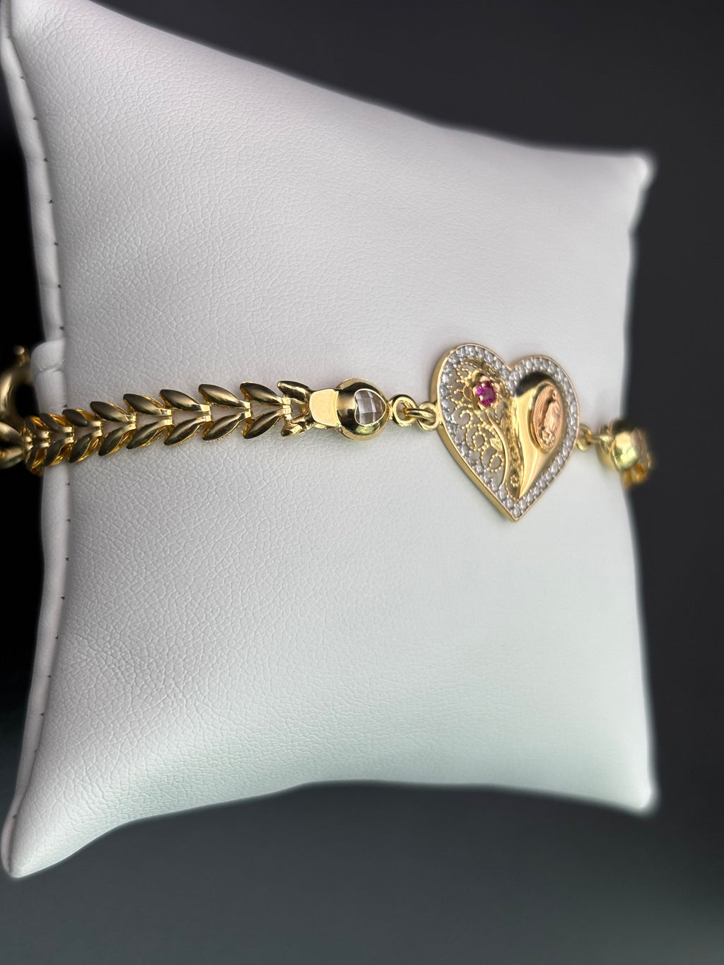 14k Solid Gold Bracelet Link Virgin Flower Heart