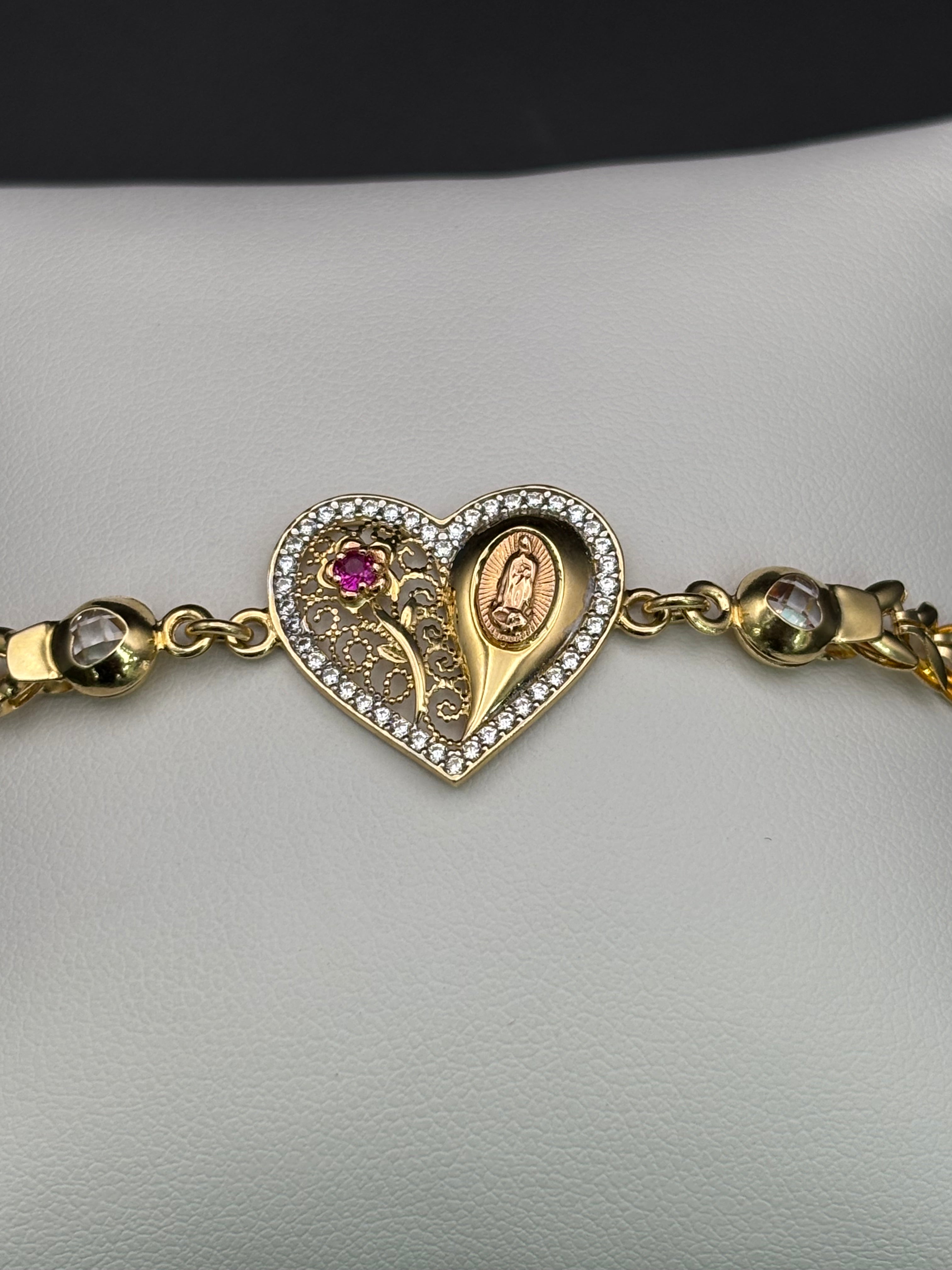14k Solid Gold Bracelet Link Virgin Flower Heart