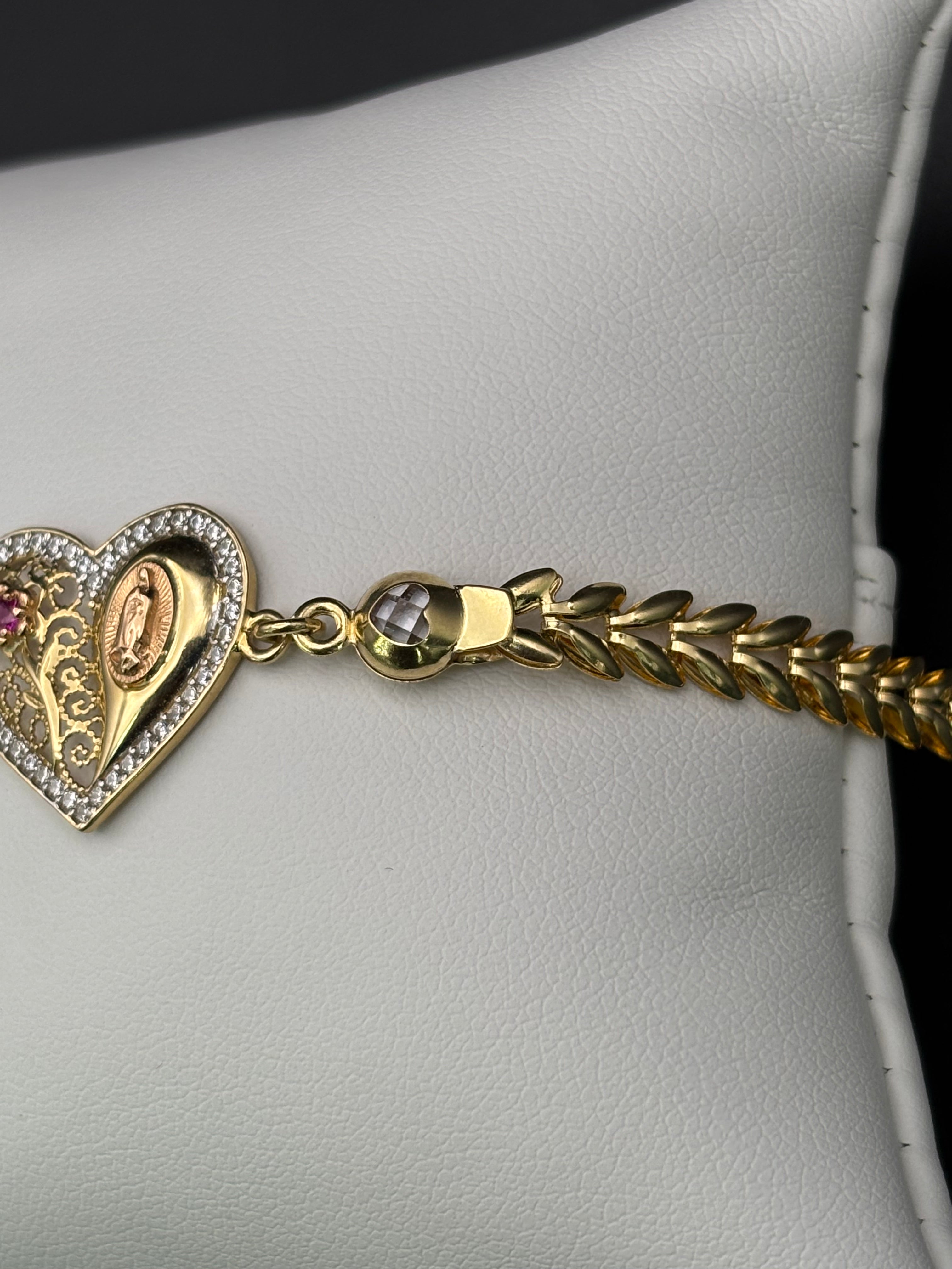 14k Solid Gold Bracelet Link Virgin Flower Heart