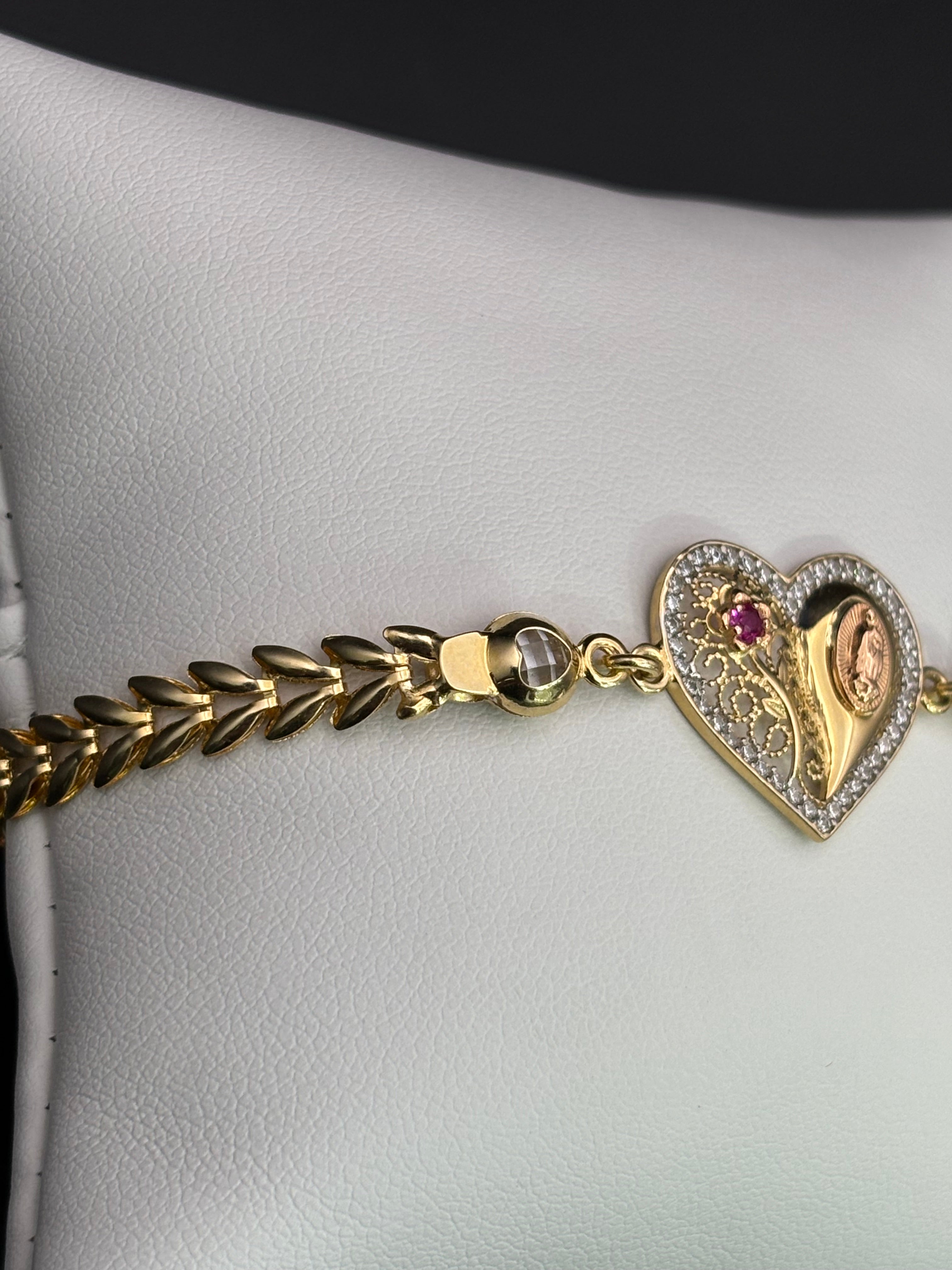 14k Solid Gold Bracelet Link Virgin Flower Heart