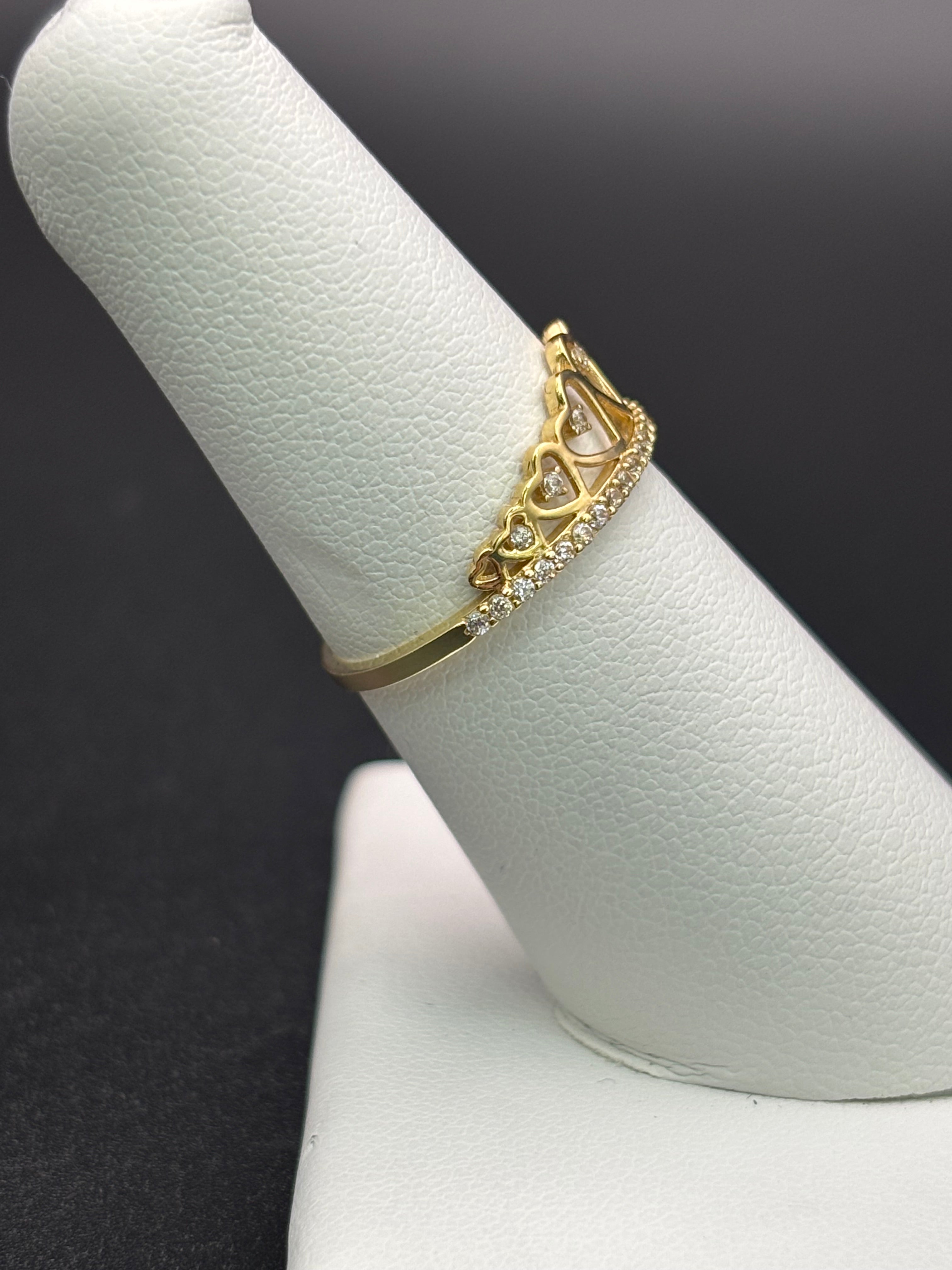 14k Solid Gold Ring Hearts Crown