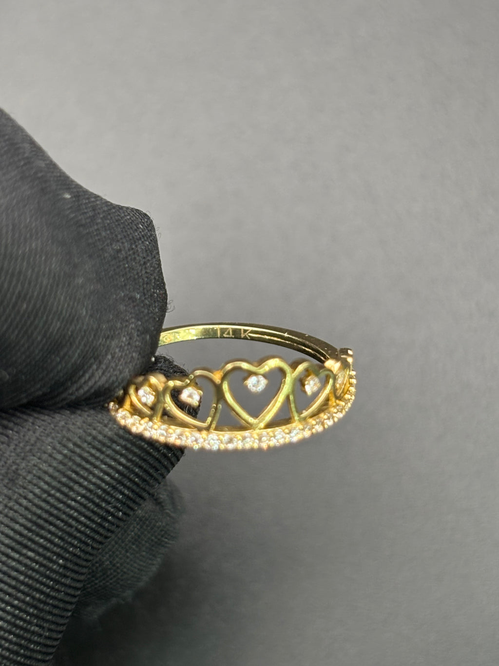 14k Solid Gold Ring Hearts Crown