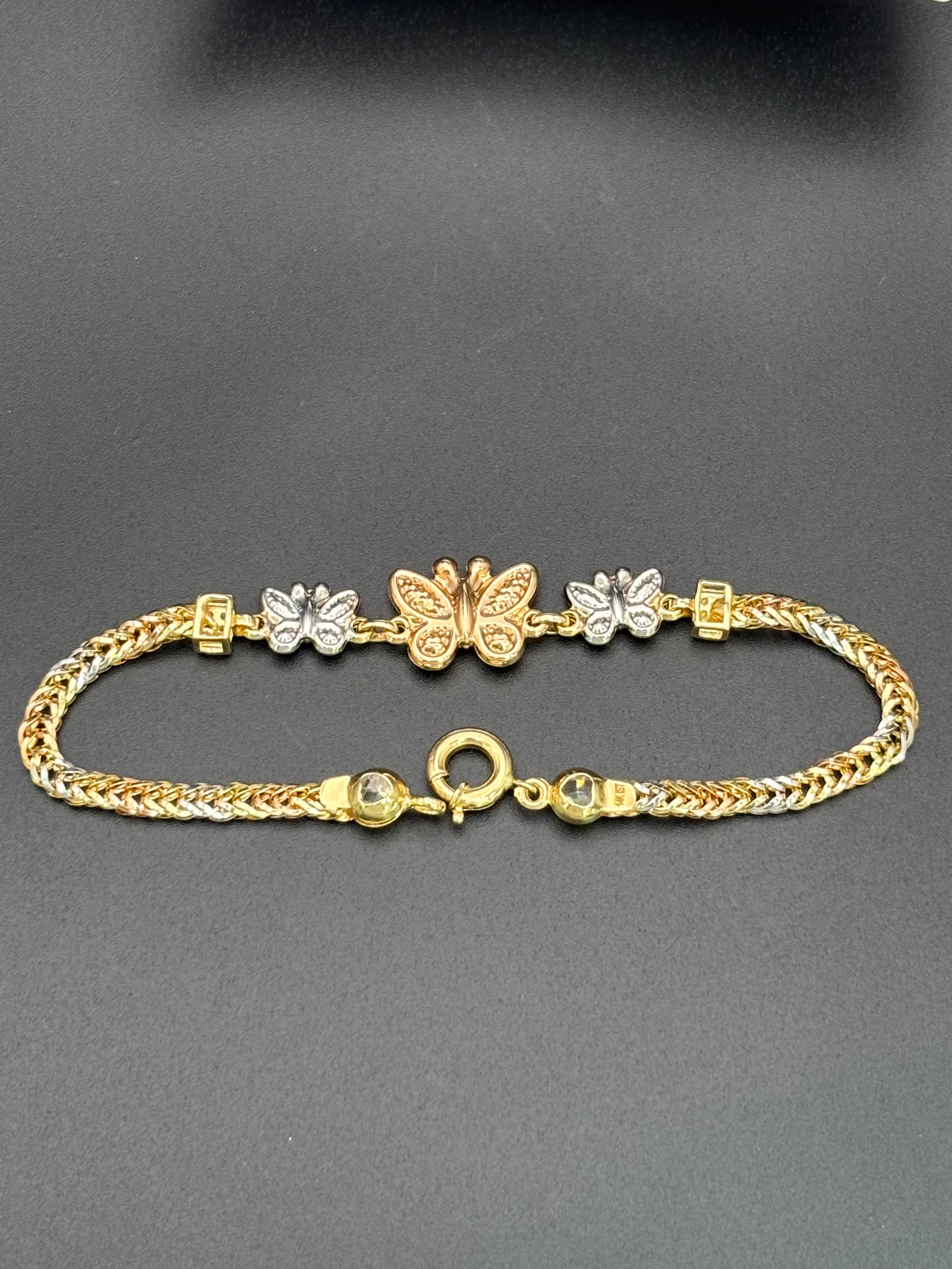 14k Solid Gold Bracelet Link Three Butterfly