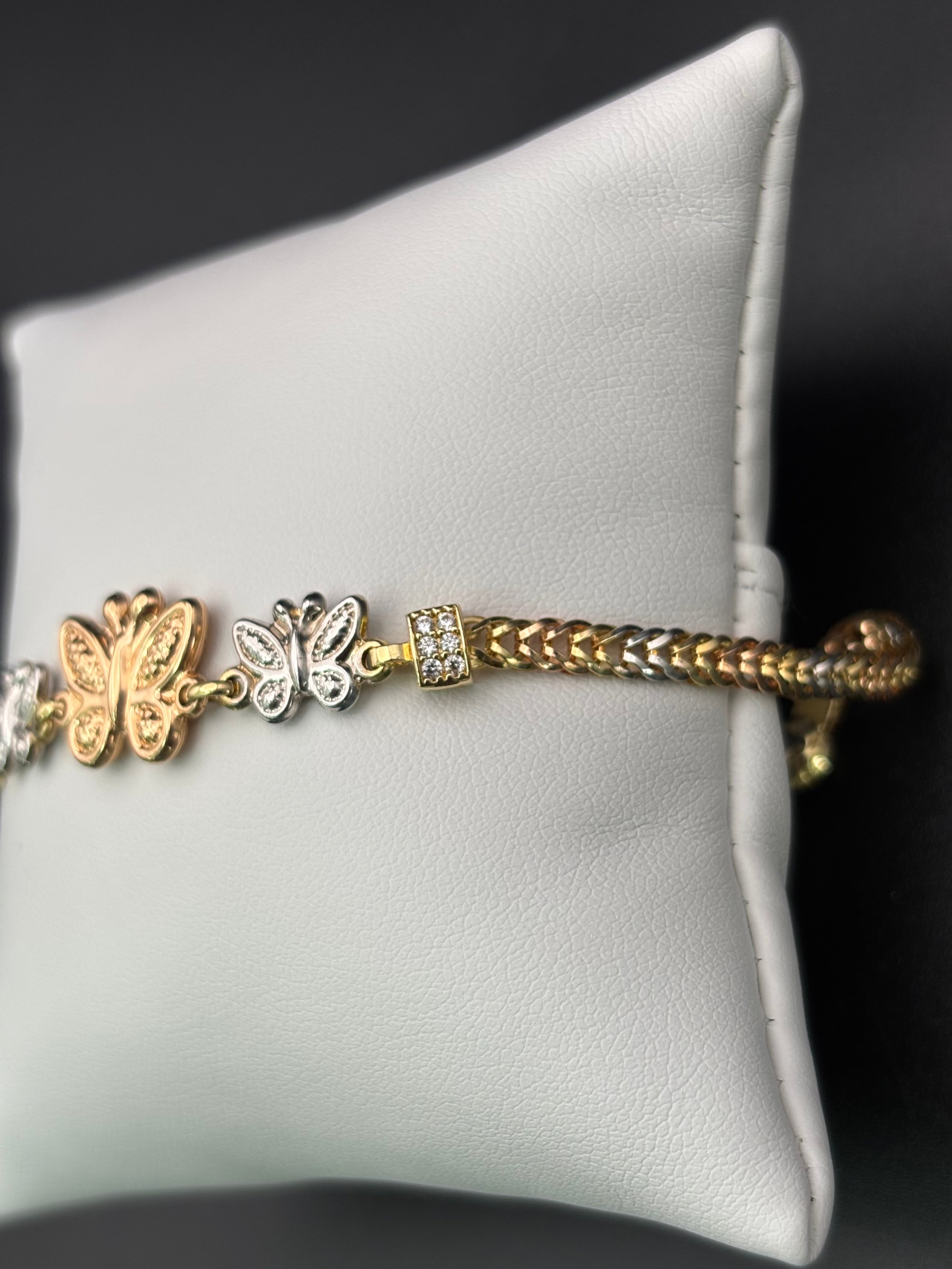 14k Solid Gold Bracelet Link Three Butterfly