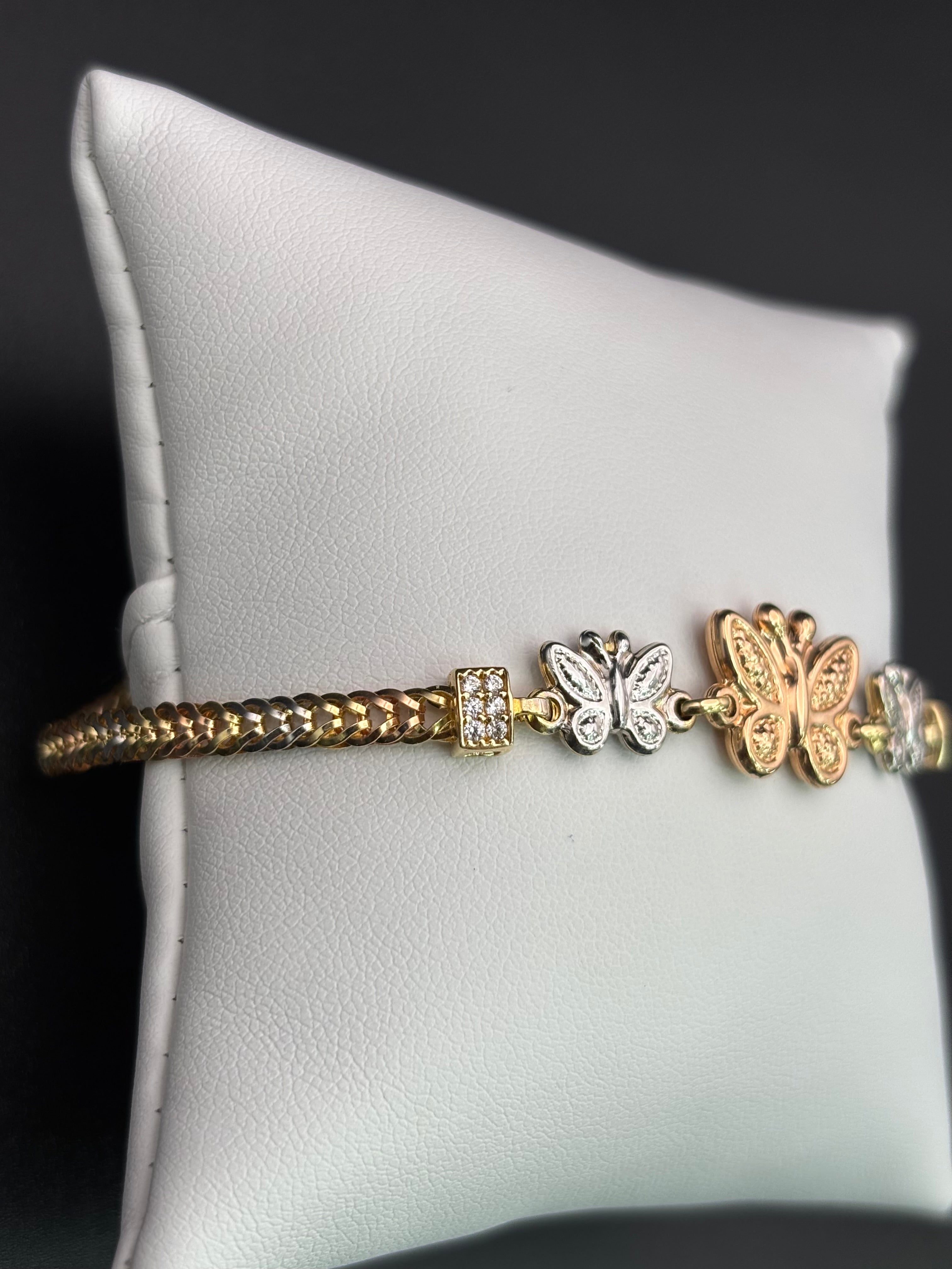 14k Solid Gold Bracelet Link Three Butterfly