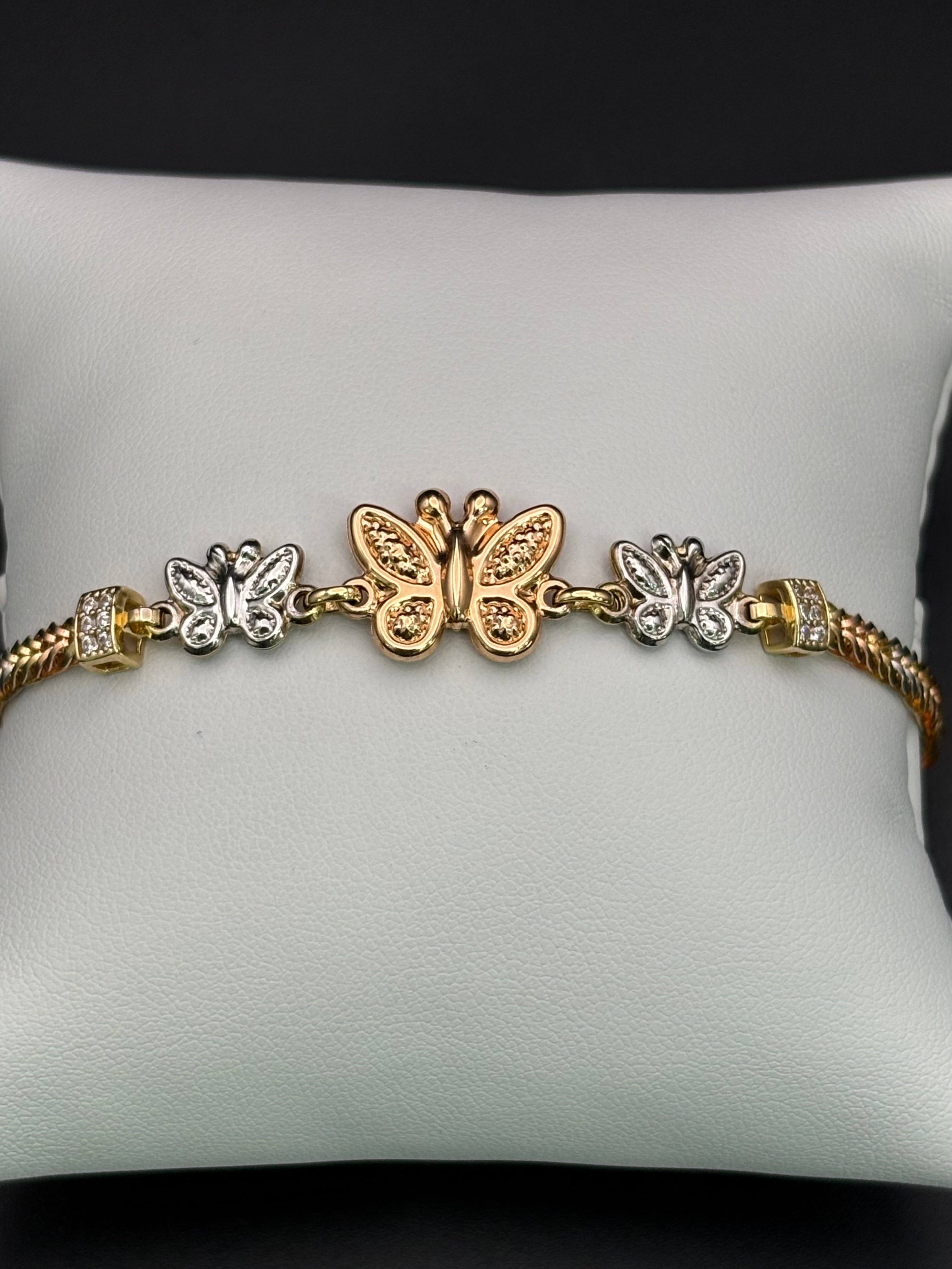 14k Solid Gold Bracelet Link Three Butterfly