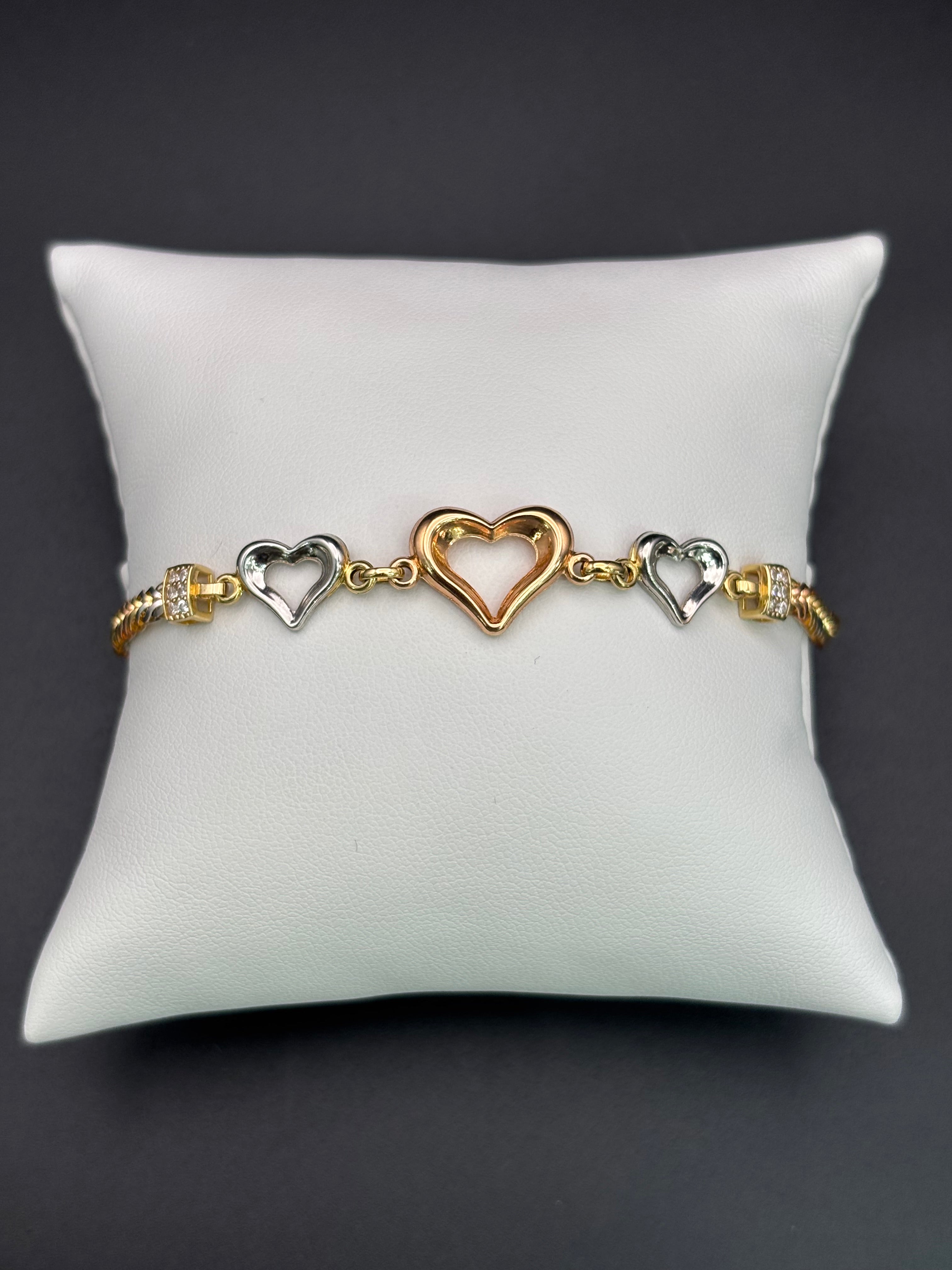 14k Solid Gold Bracelet Link Three Hearts