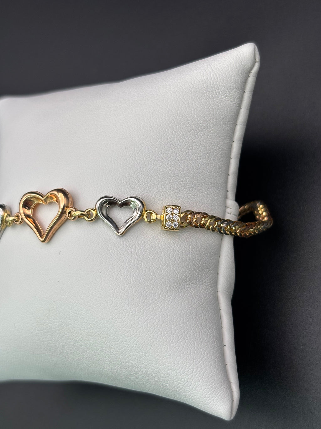14k Solid Gold Bracelet Link Three Hearts