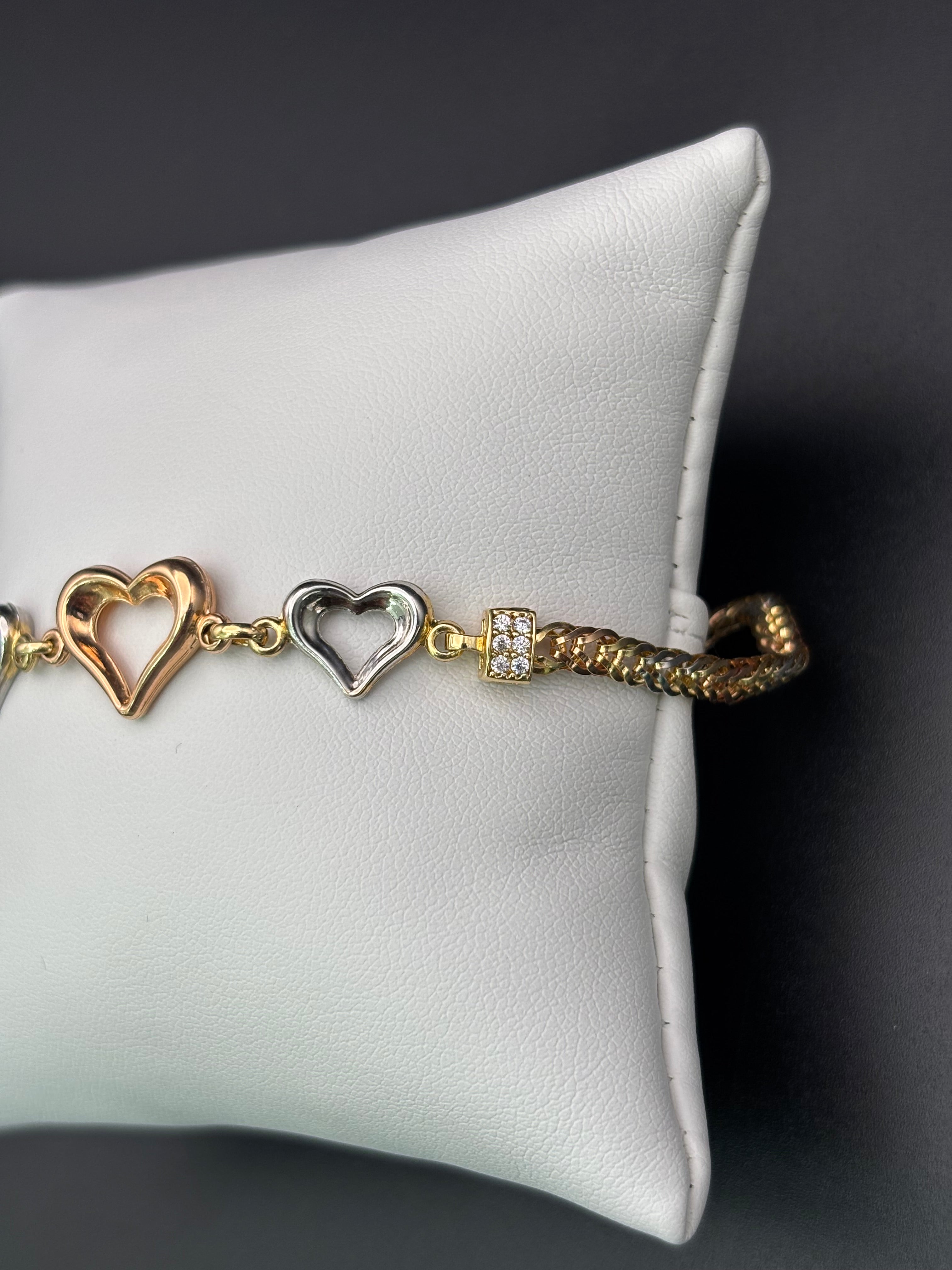 14k Solid Gold Bracelet Link Three Hearts