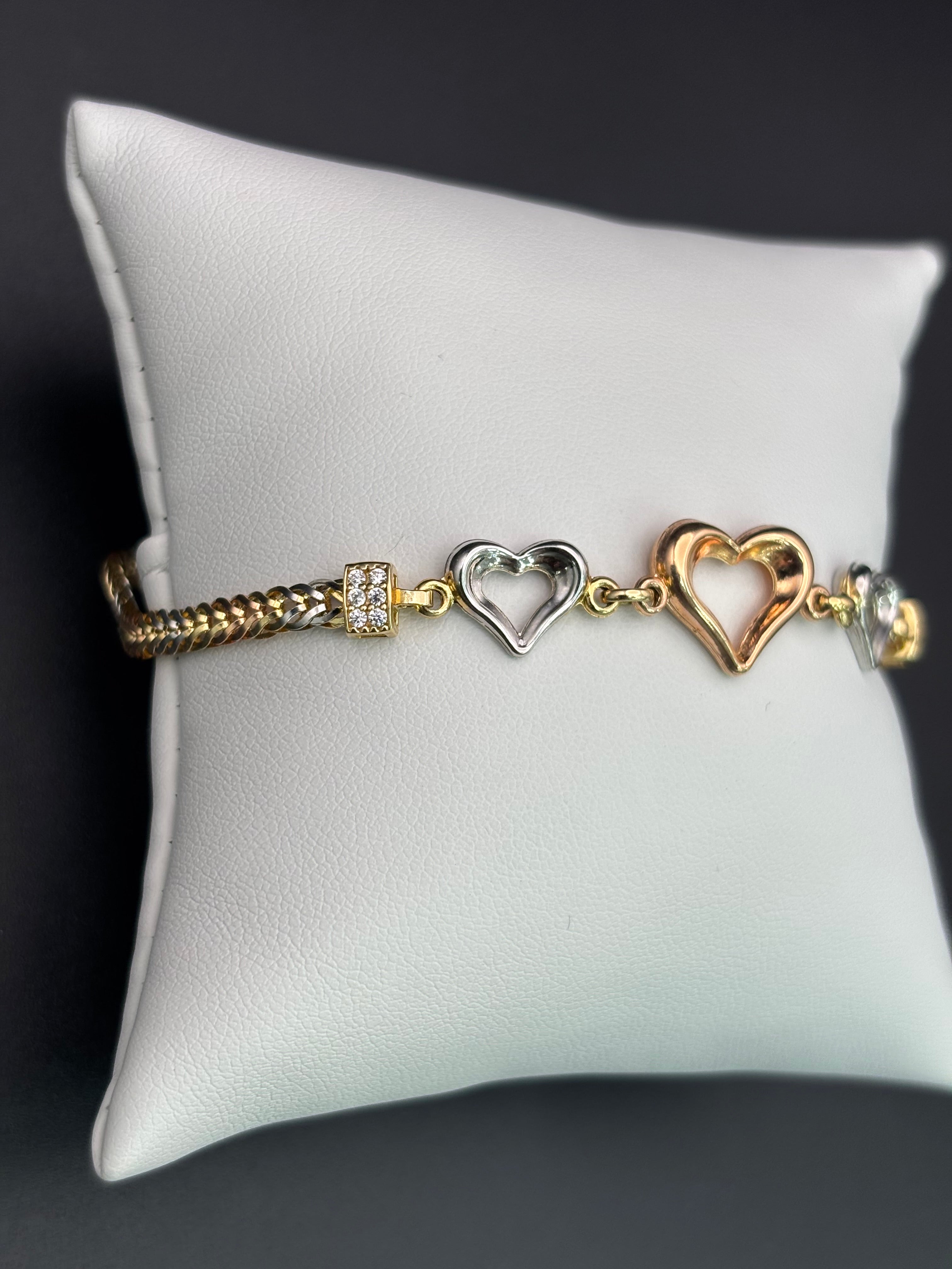 14k Solid Gold Bracelet Link Three Hearts
