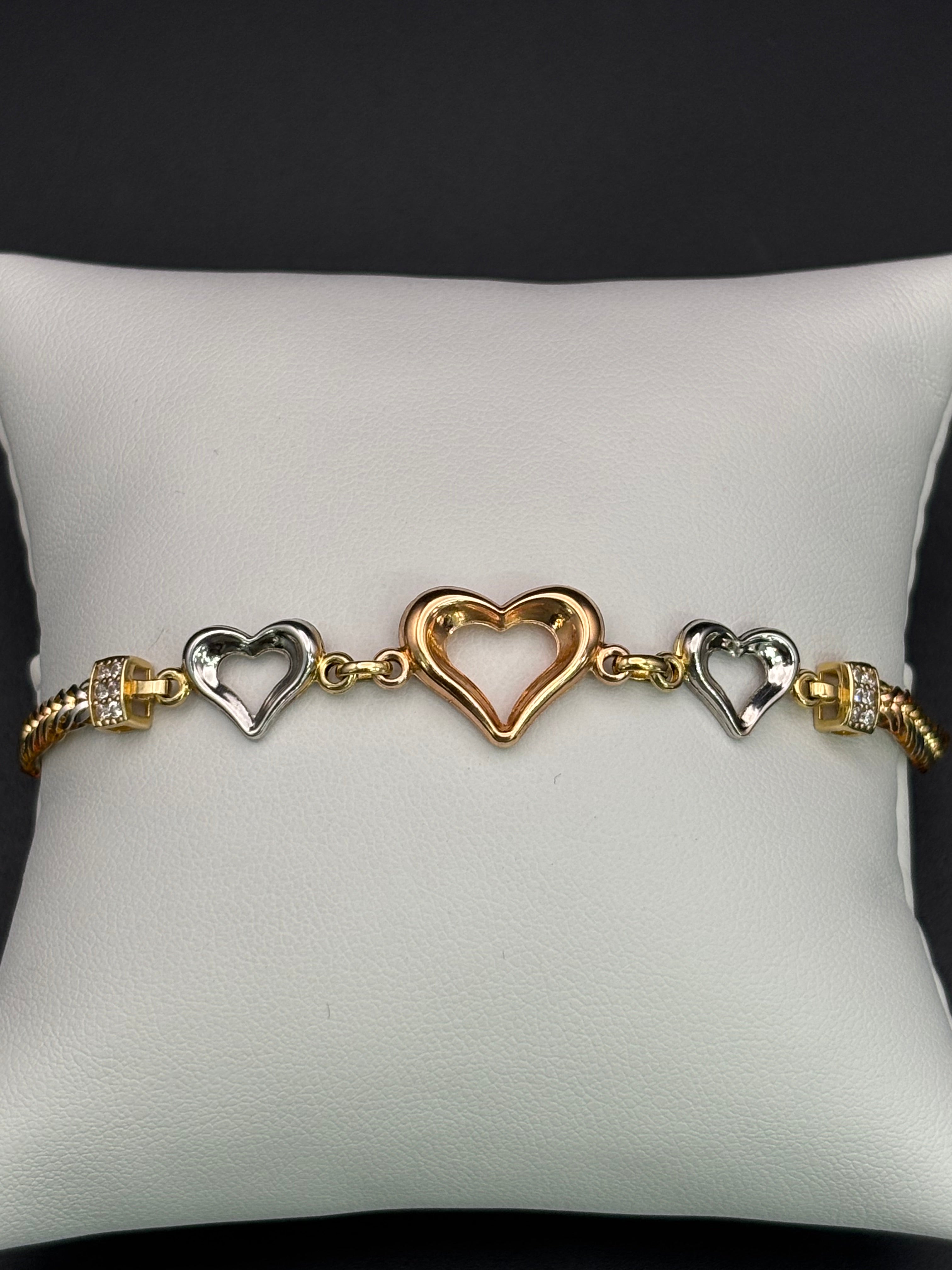 14k Solid Gold Bracelet Link Three Hearts