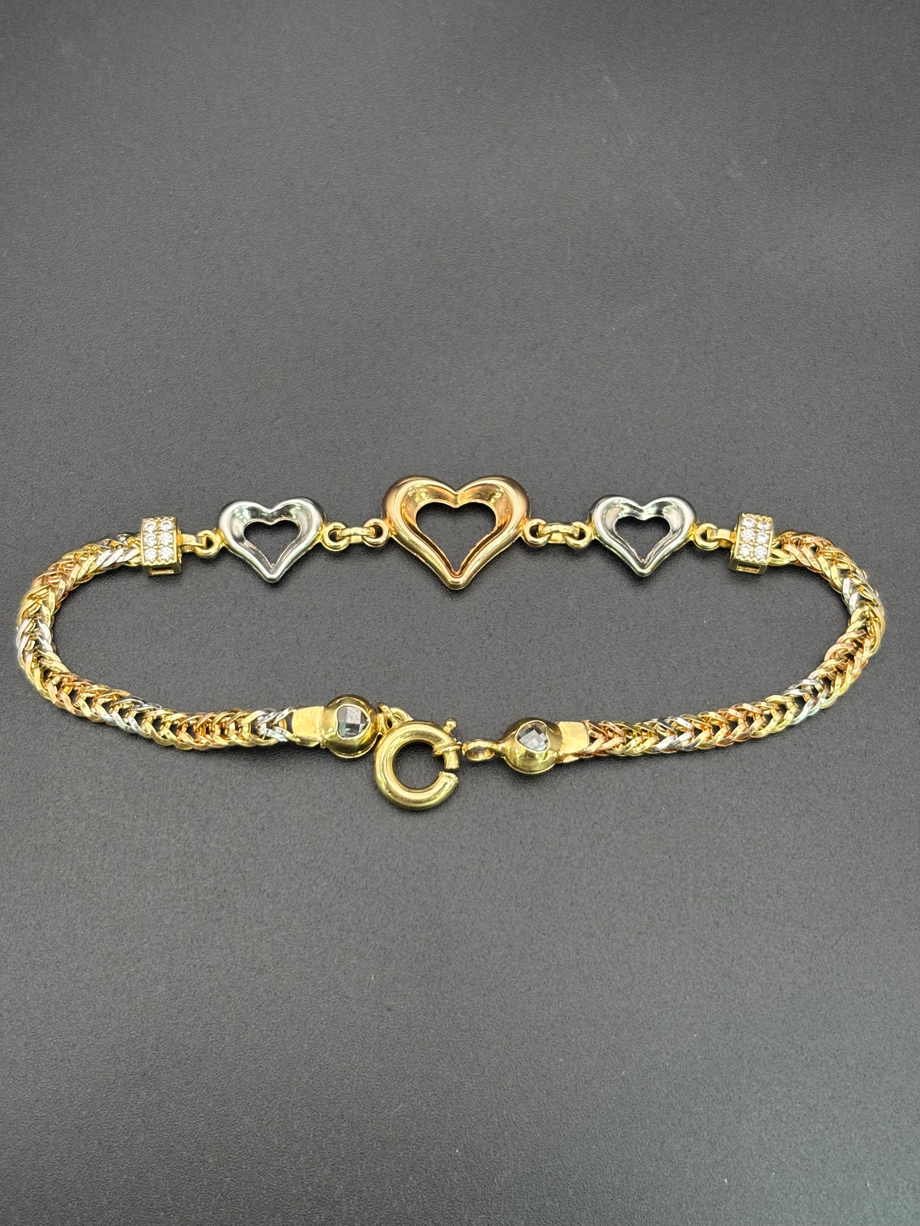 14k Solid Gold Bracelet Link Three Hearts