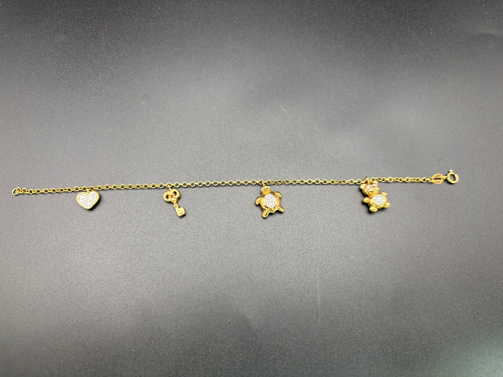 14k Solid Gold Bracelet Link Turtle Bear Key Heart