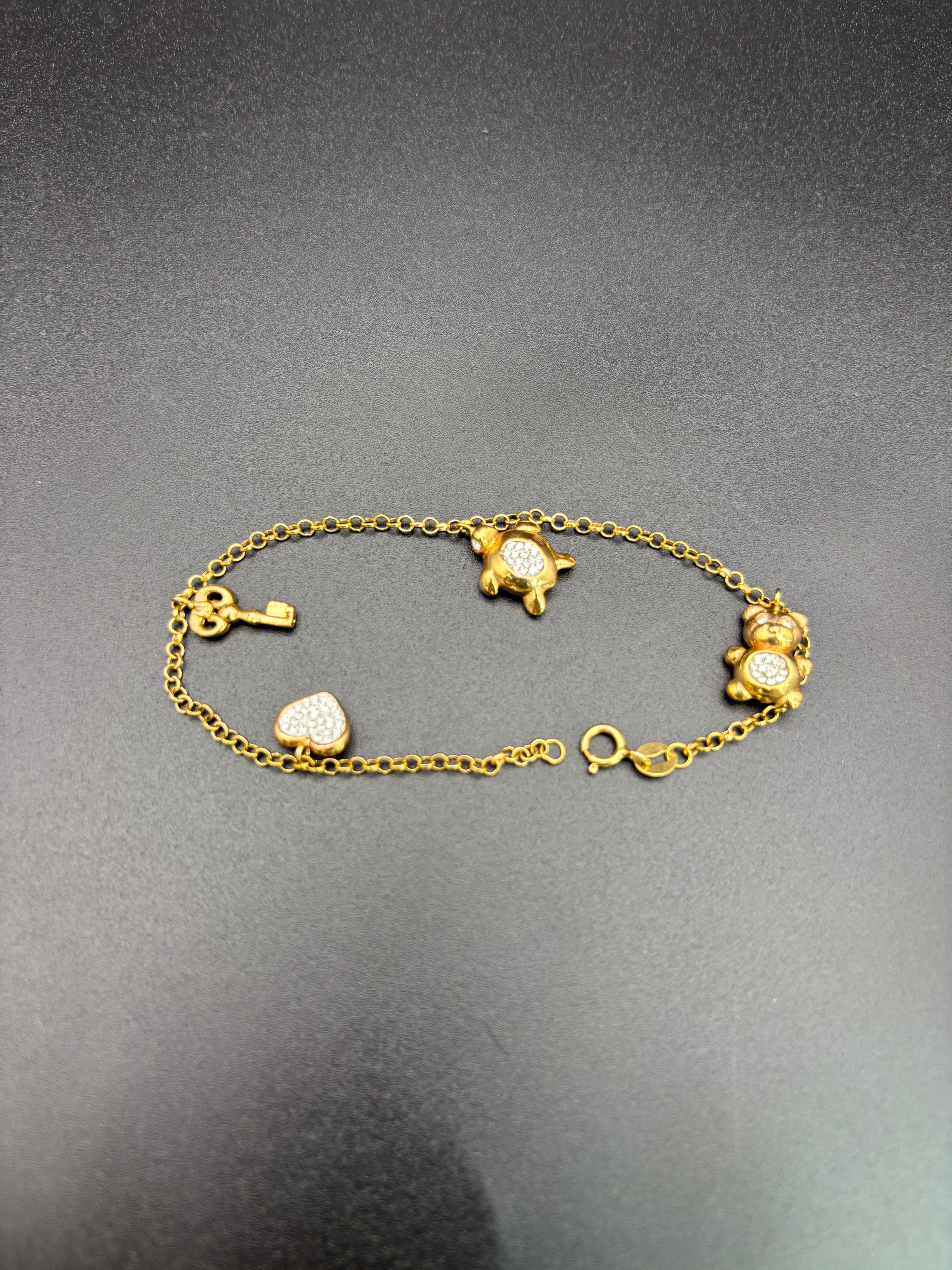 14k Solid Gold Bracelet Link Turtle Bear Key Heart