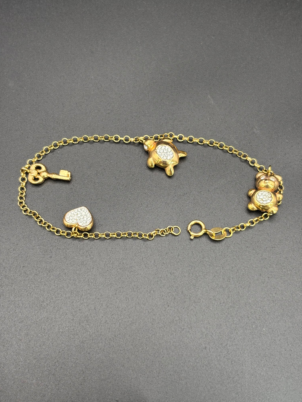 14k Solid Gold Bracelet Link Turtle Bear Key Heart
