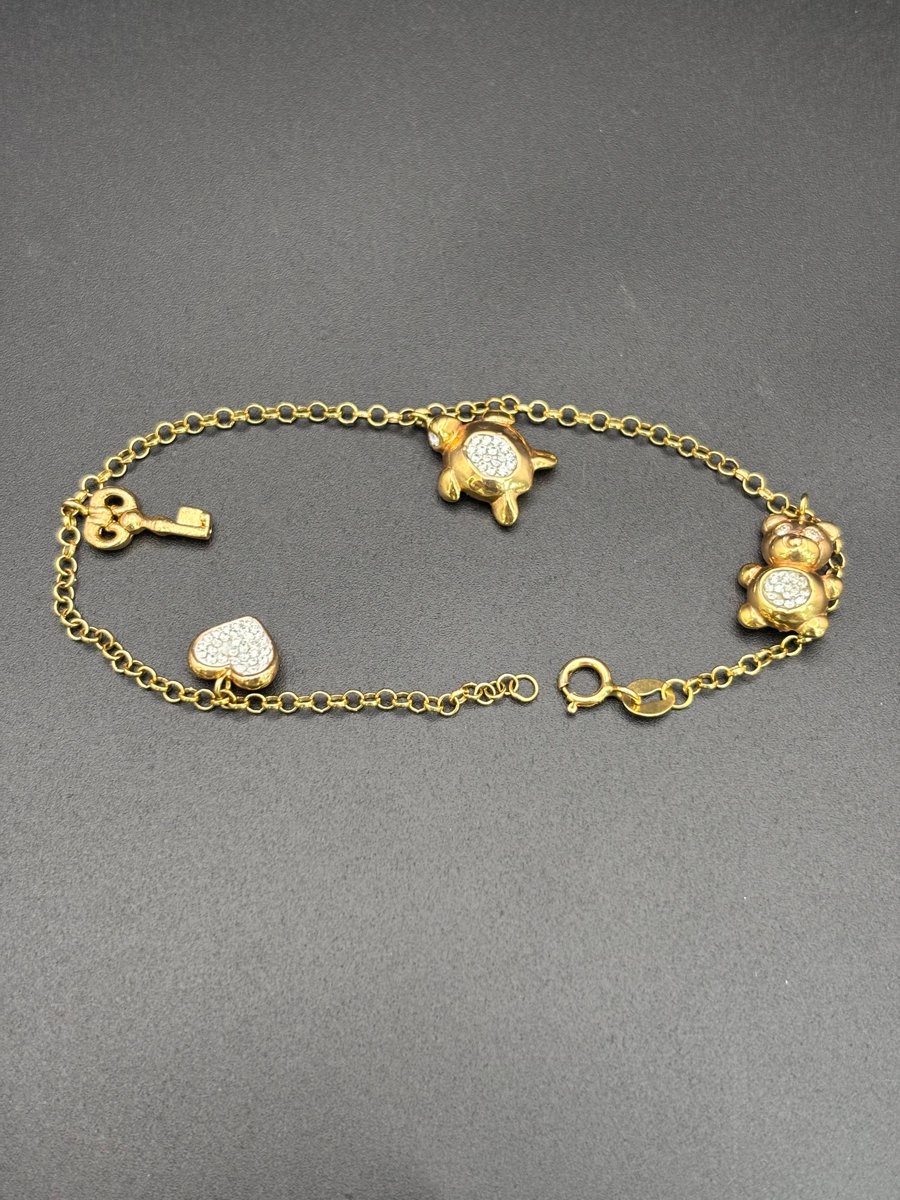 14k Solid Gold Bracelet Link Turtle Bear Key Heart