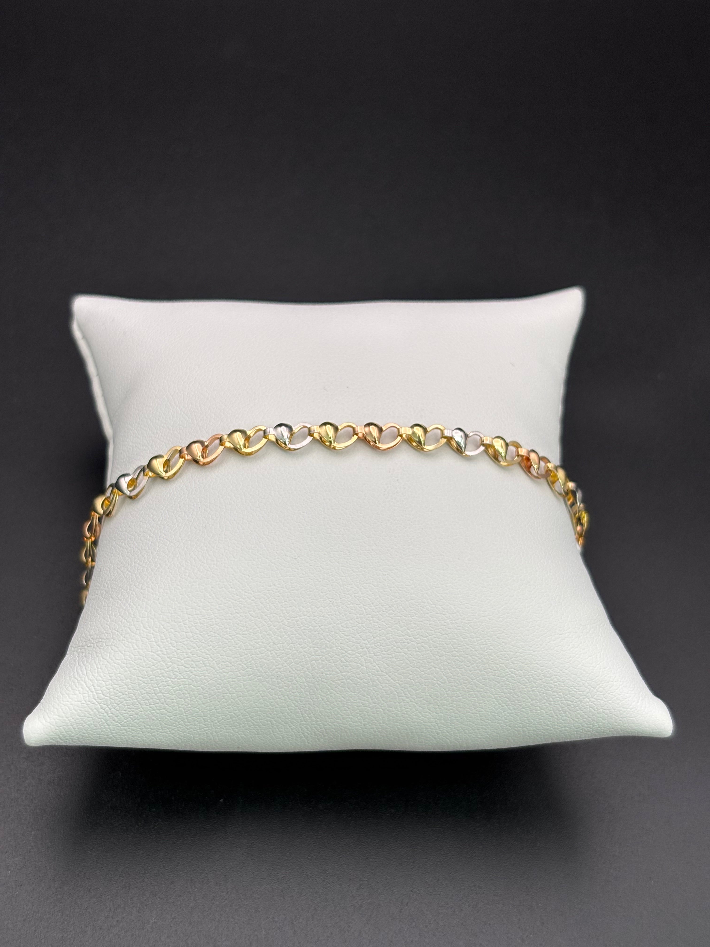 14k Solid Gold Fancy Bracelet Link Three Tones Hearts